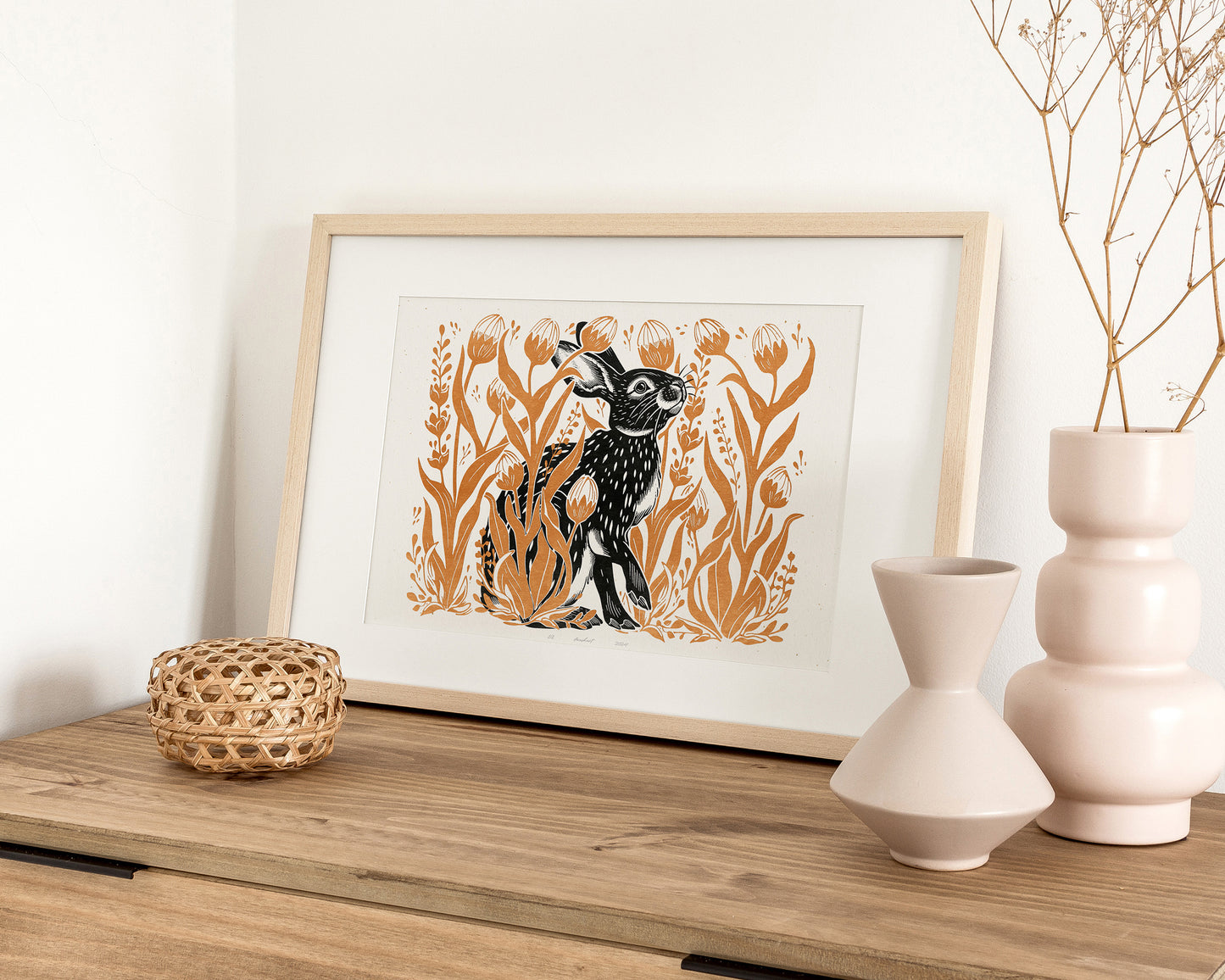 Printable linocut prints Bunny with wildflower and plant wall art Ochre black Relief texture Cottagecore decor Digital downloadable poster Hare rabbit Instant download Tulips floral flower Easter Bedroom Living room Kids Children Kitchen decor Foraged New home firs gift Housewarming wall art