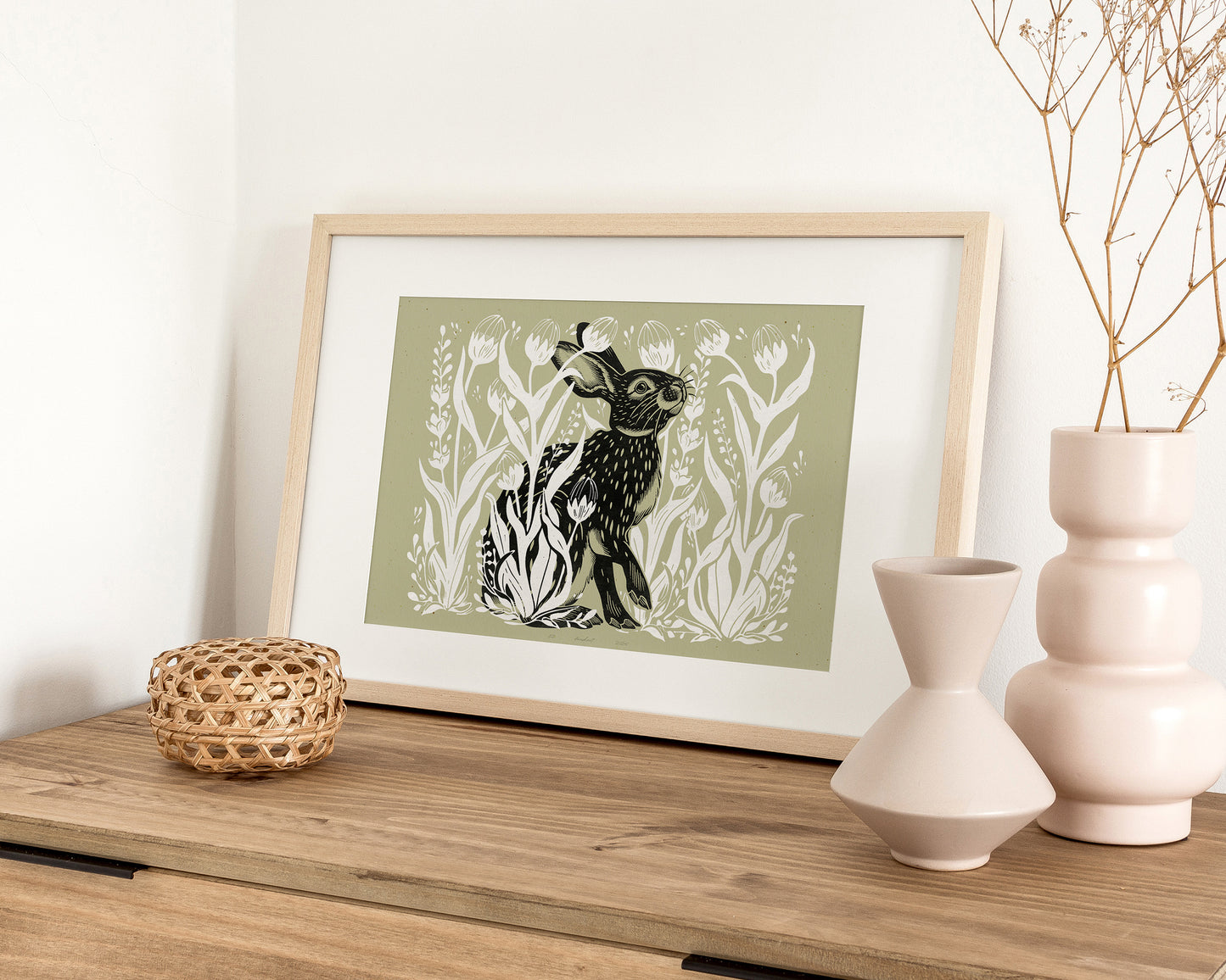 Living room wall art Nature lover gift Printable linocut Cottagecore decor Digital downloadable linogravure lino foraged poster Bedroom kids rooom prints Bunny plant House warming gift farm relief texture wildflower vintage Green rabbit hare