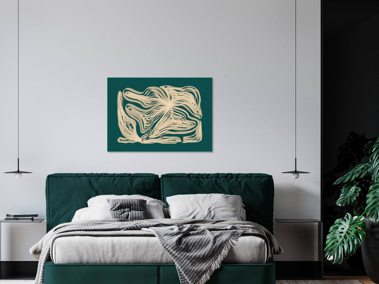 Abstract lines flower art Trendy emerald green / Printable wall art for modern living room and bedroom decor INSTANT DOWNLOAD