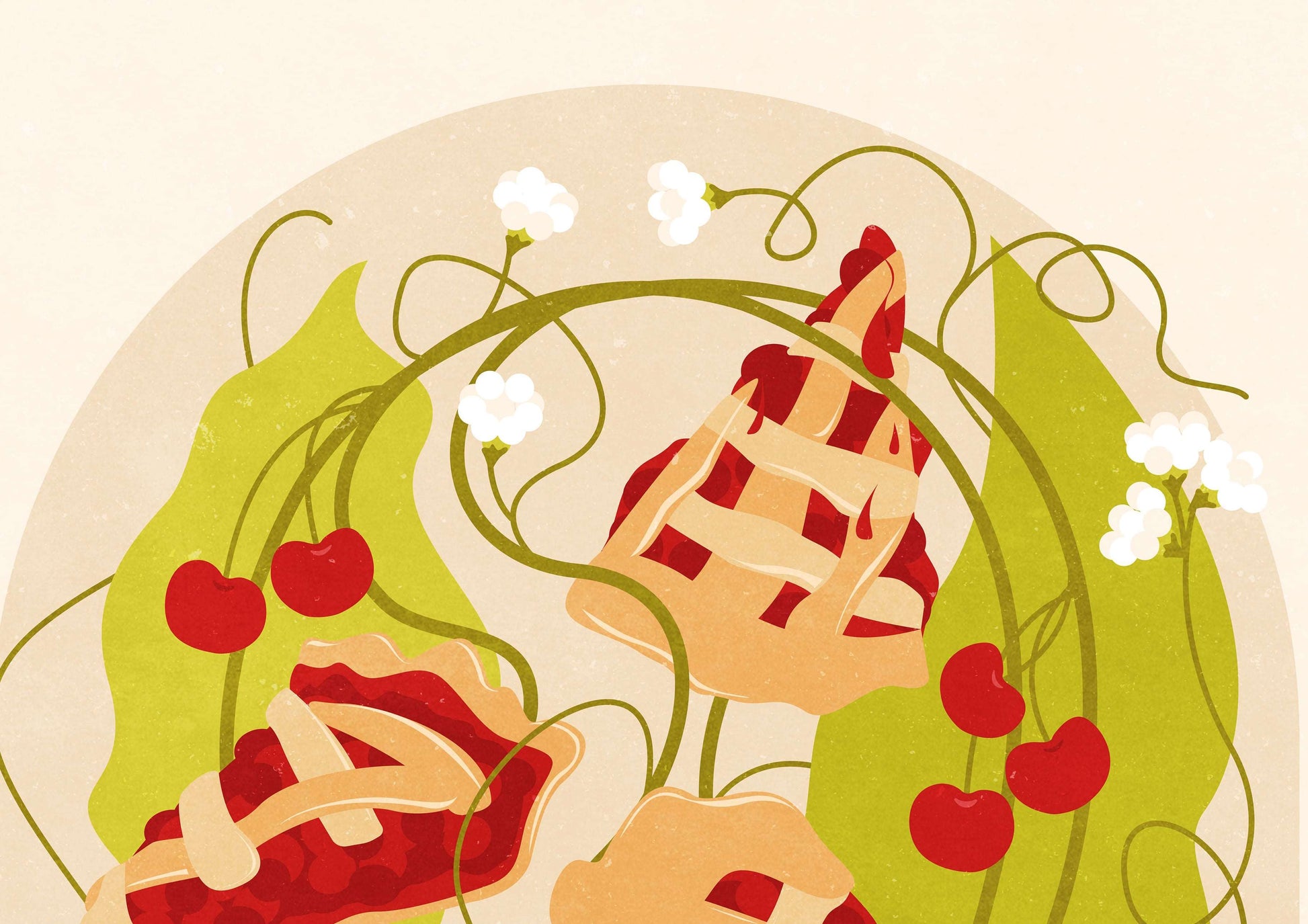 Details green red and beige Botanical vintage cherry pie summer poster