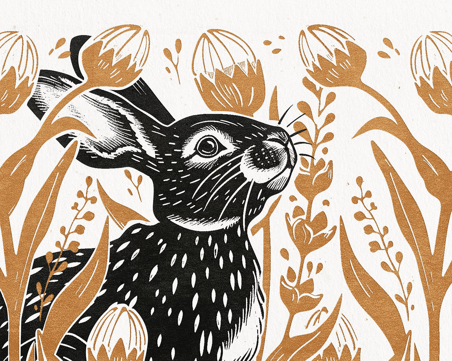 Printable linocut prints Bunny with wildflower and plant wall art Ochre black Relief texture Cottagecore decor Digital downloadable poster Hare rabbit Instant download Tulips floral flower Easter Bedroom Living room Kids Children Kitchen decor Foraged New home firs gift Housewarming wall art