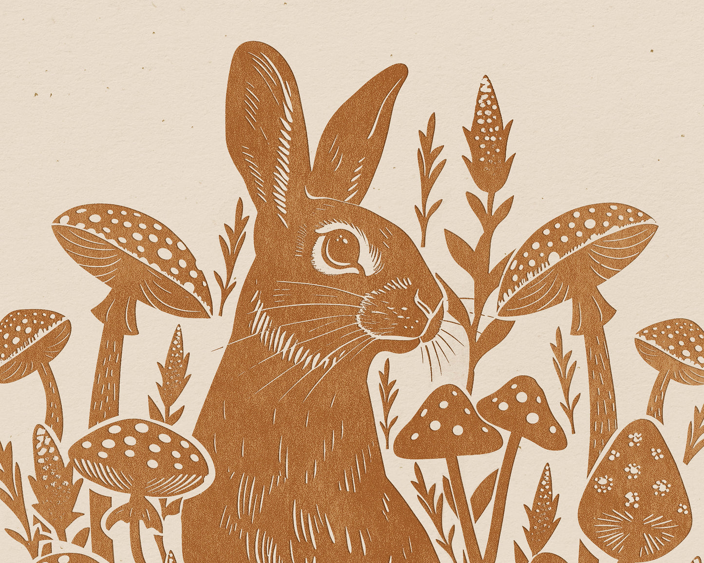 Living room wall art Nature lover gift Printable linocut Cottagecore decor Digital downloadable linogravure lino foraged poster art Relief texture Bedroom kids rooom prints Yellow ochre rabbit mushroom large plant wall art bunny new home