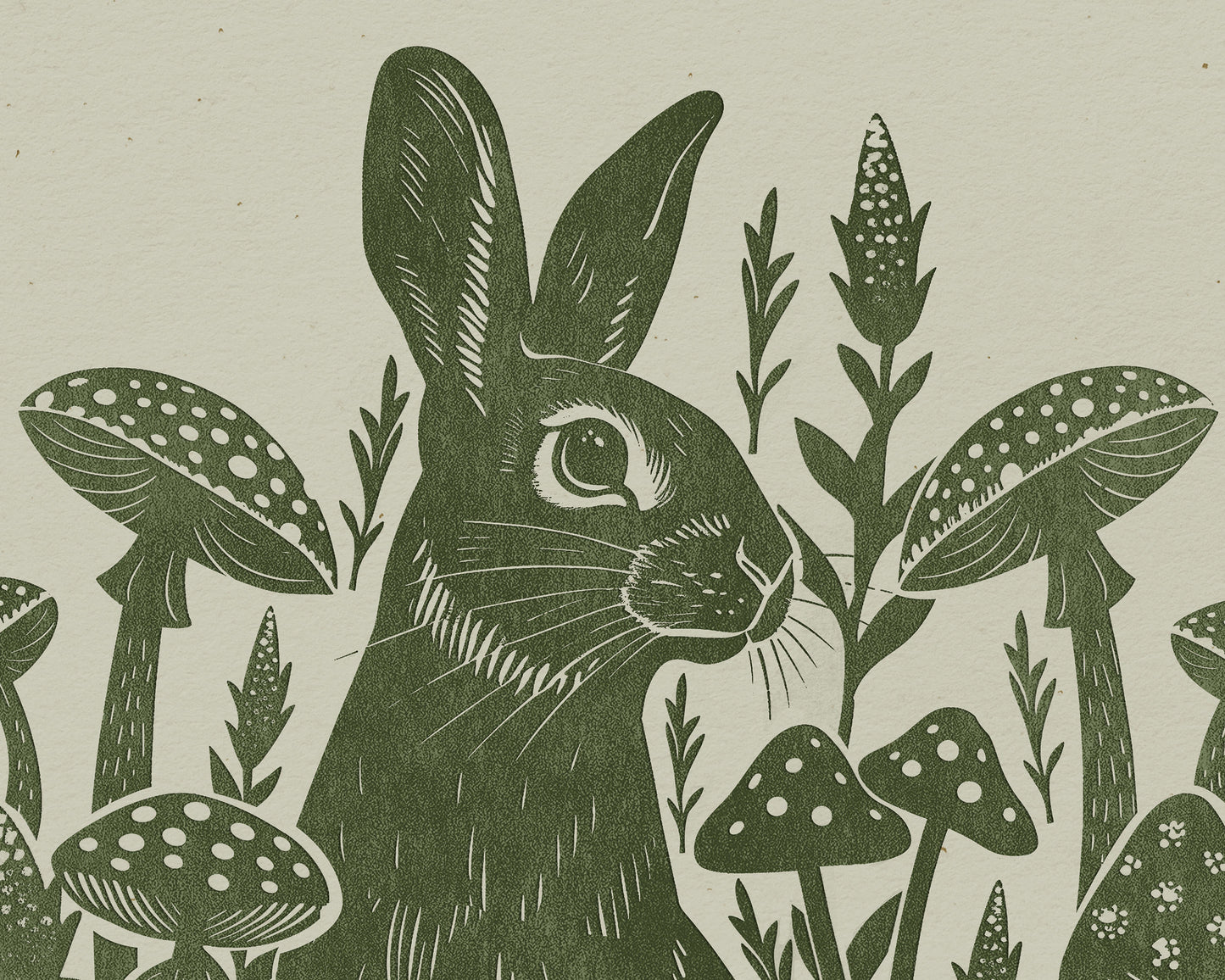 Printable linocut prints Sage green rabbit with mushroom and plant wall art Relief texture Cottagecore decor Digital downloadable poster Instant download Lino linogravure foraged Living room Bedroom Kitchen Farm Farmhouse Dining room wall art decor Wildflowers floral kids Easter home aesthetic