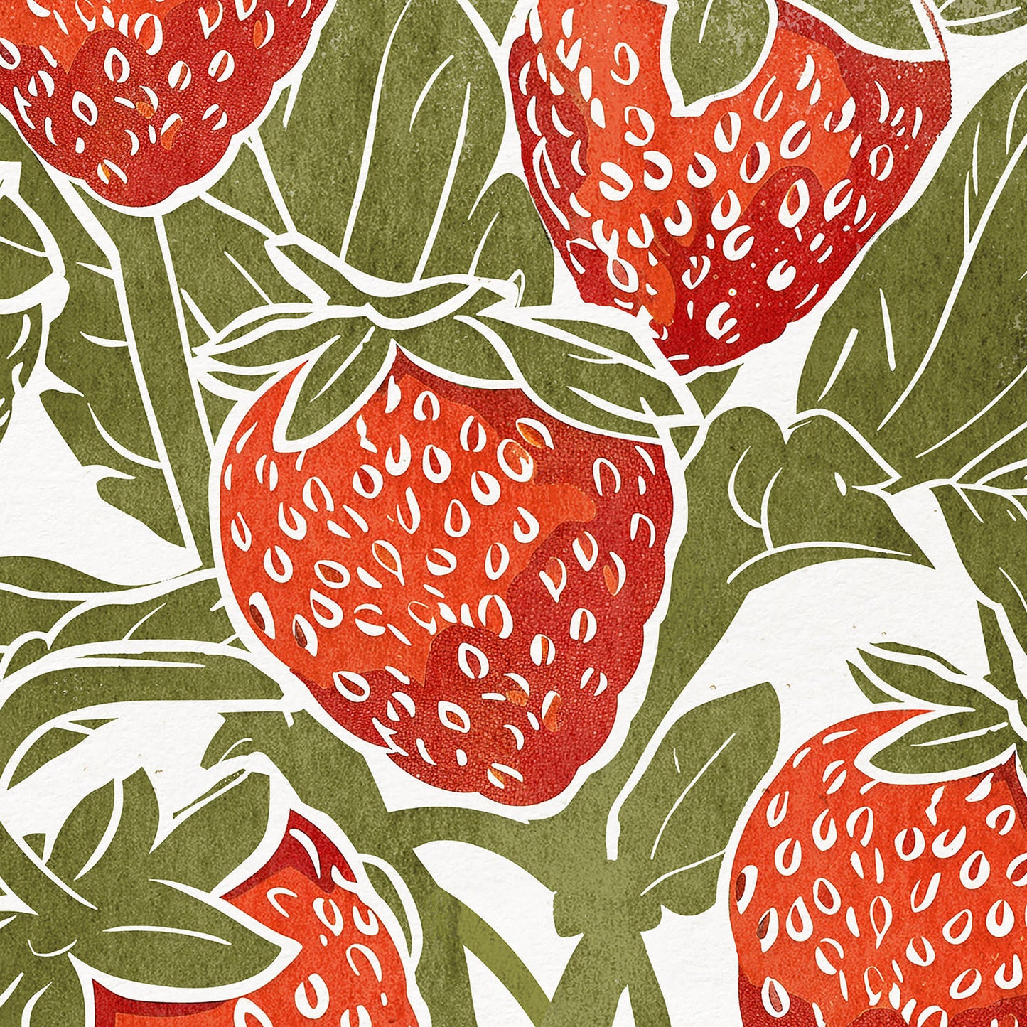 Sage green red berries «Sagren Strawberries N1» Printable linocut prints wall art poster