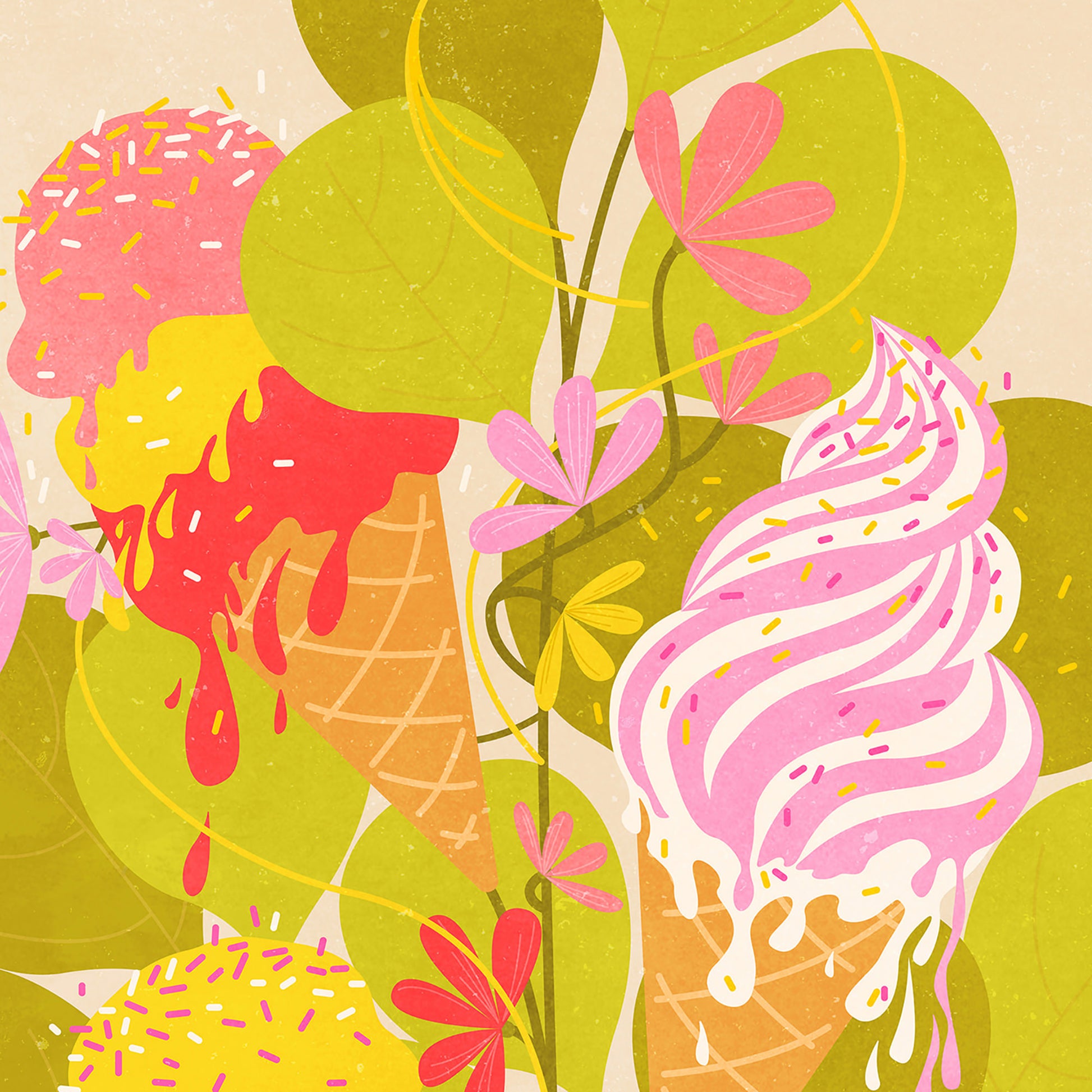Botanical vintage Ice Cream Cone Dessert food digital poster llustration