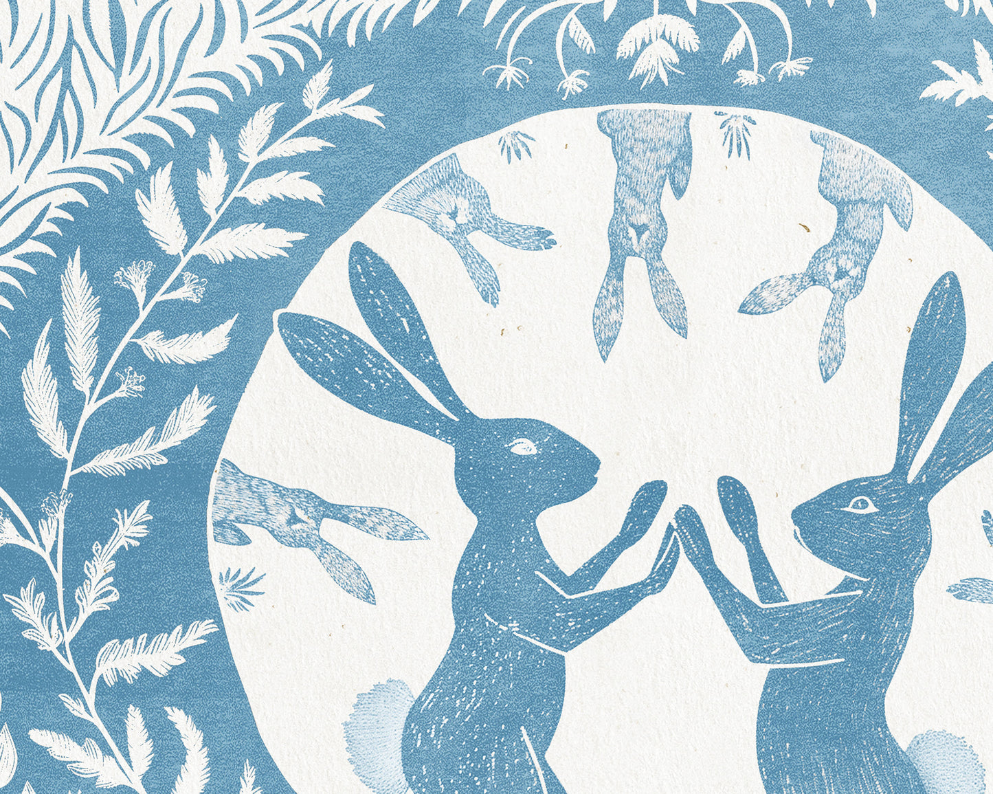 Printable linocut Cottagecore decor Digital downloadable linogravure lino foraged poster prints Dancing Bedroom kids rooom large children bunny rabbits floral plant texture wall art funny rabbit game instand download Light blue spring