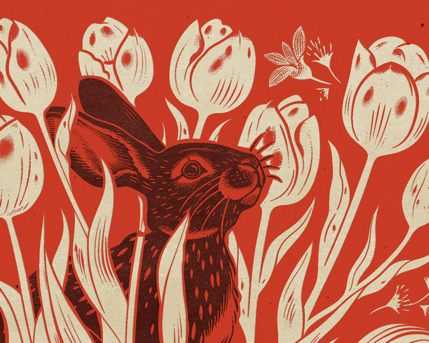 Living room wall art Nature lover gift Printable linocut Cottagecore decor Digital downloadable linogravure lino Bedroom kids rooom House warming gift prints Bunny tulips plant Red brown beige relief texture vintage farm kitchen hare foraged poster
