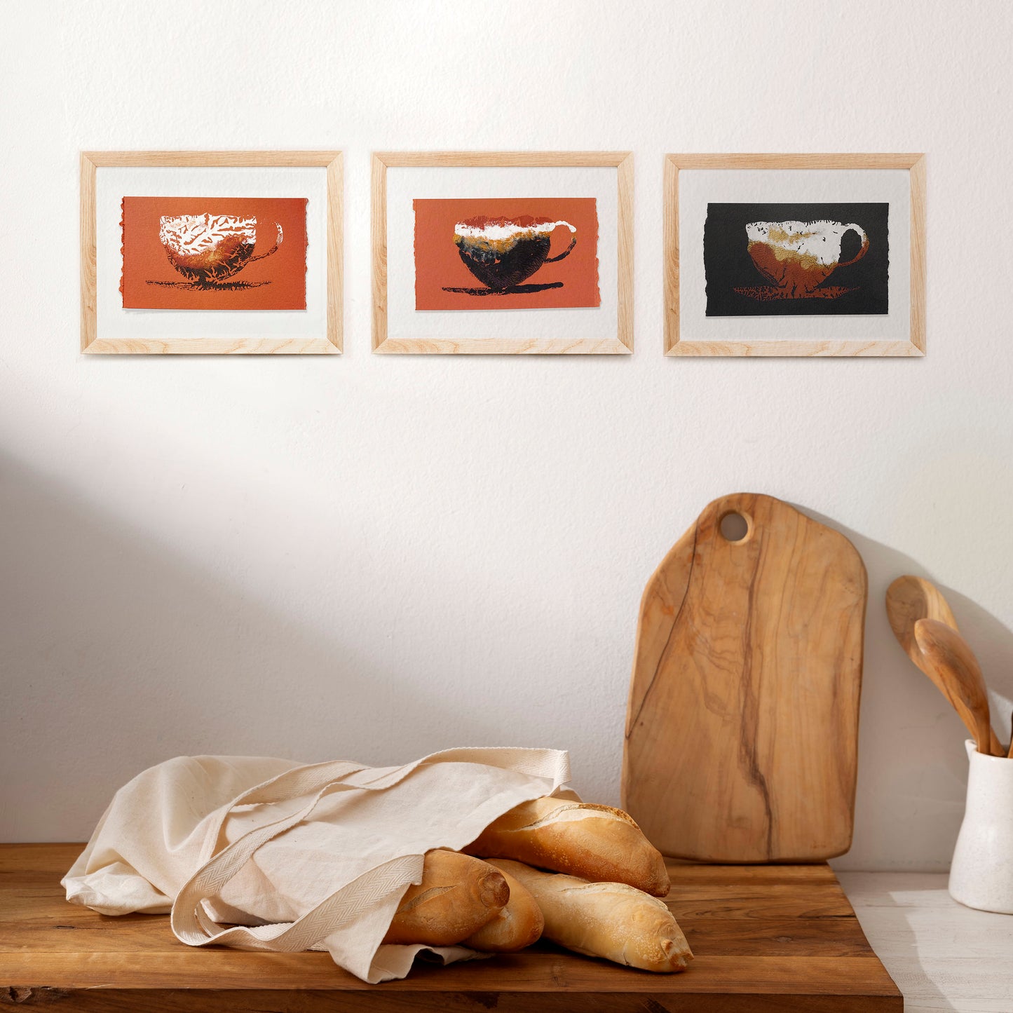 Unique set of 3 mini relief Abstract coffee Monotype print for New home gift UNFRAMED for modern kitchen, or dining room original artwork
