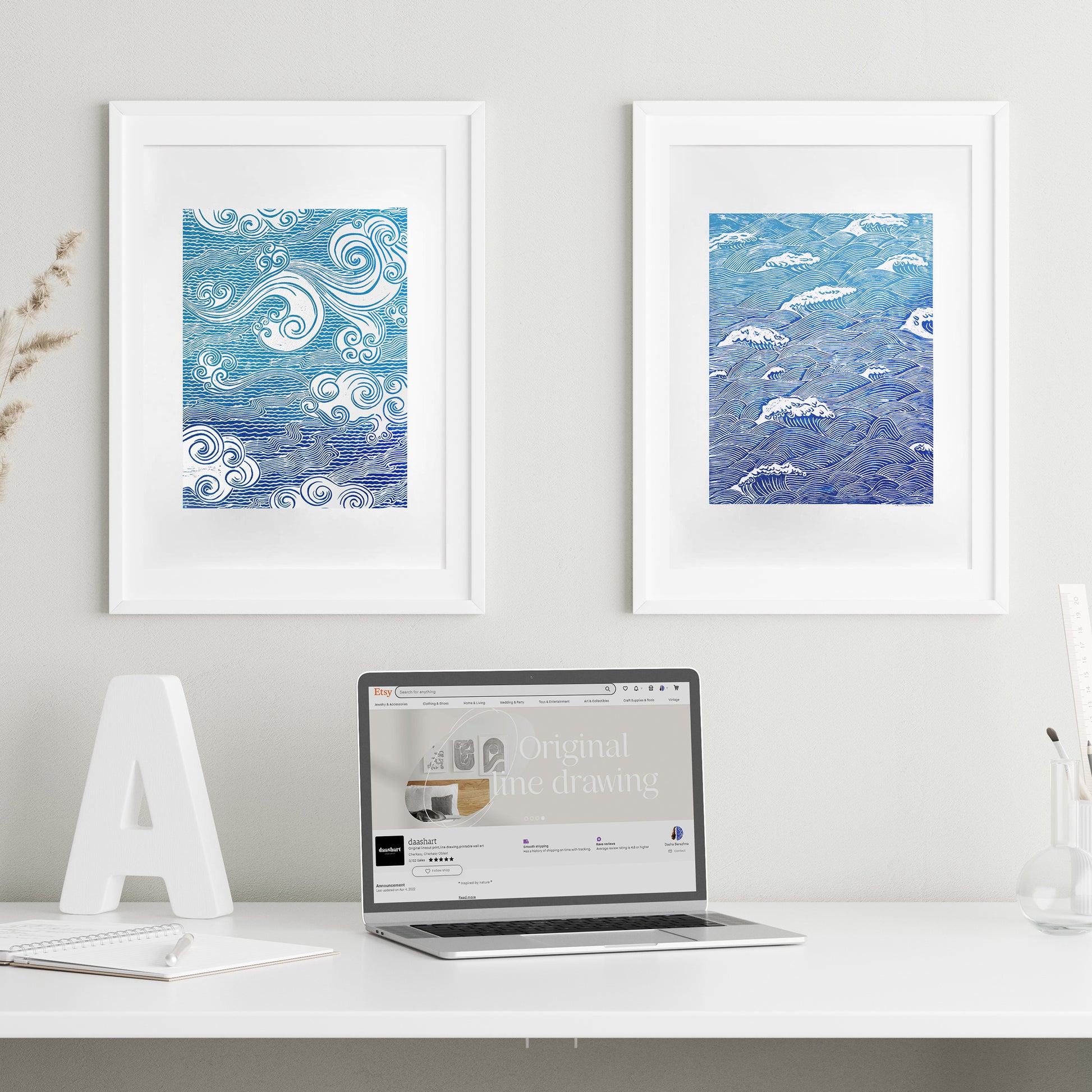 Gallery wall set of 2 Blue Japanese waves and clouds wall art Linocut print UNFRAMED for bathroom, bedroom or living room wall decor, lino print, linogravure, printmaking, handmade art, block print, relief print for new home gift or nature lover gift