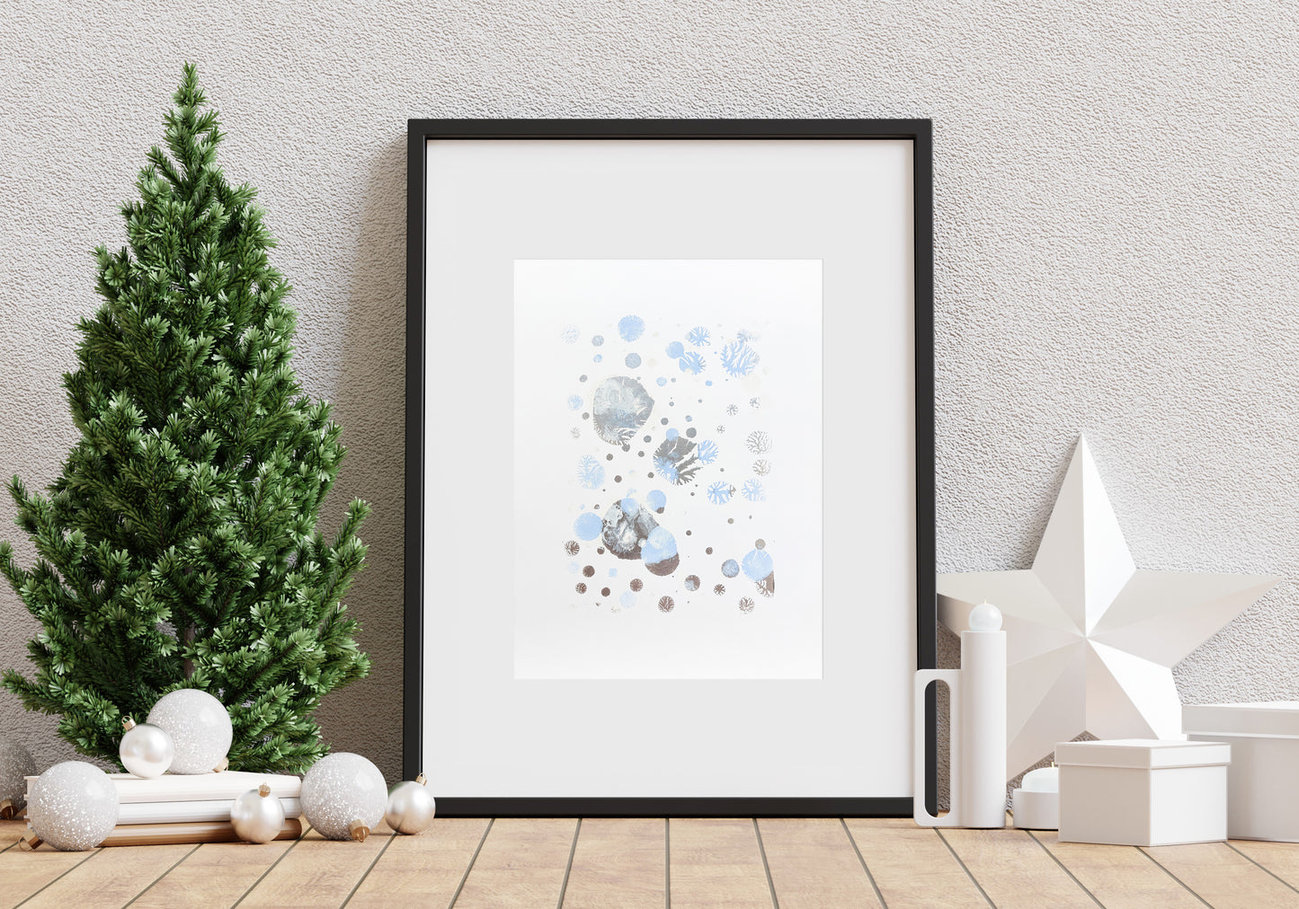 N2 Blue and silver abstract snowflakes 12x16in Monotype print Holiday winter wall art for Christmas festive living room decor UNFRAMED, Bedroom wall decor, Printmaking art handmade, one copy unique, relief print , Original artwork, Noel decoration, Minimalist art decor