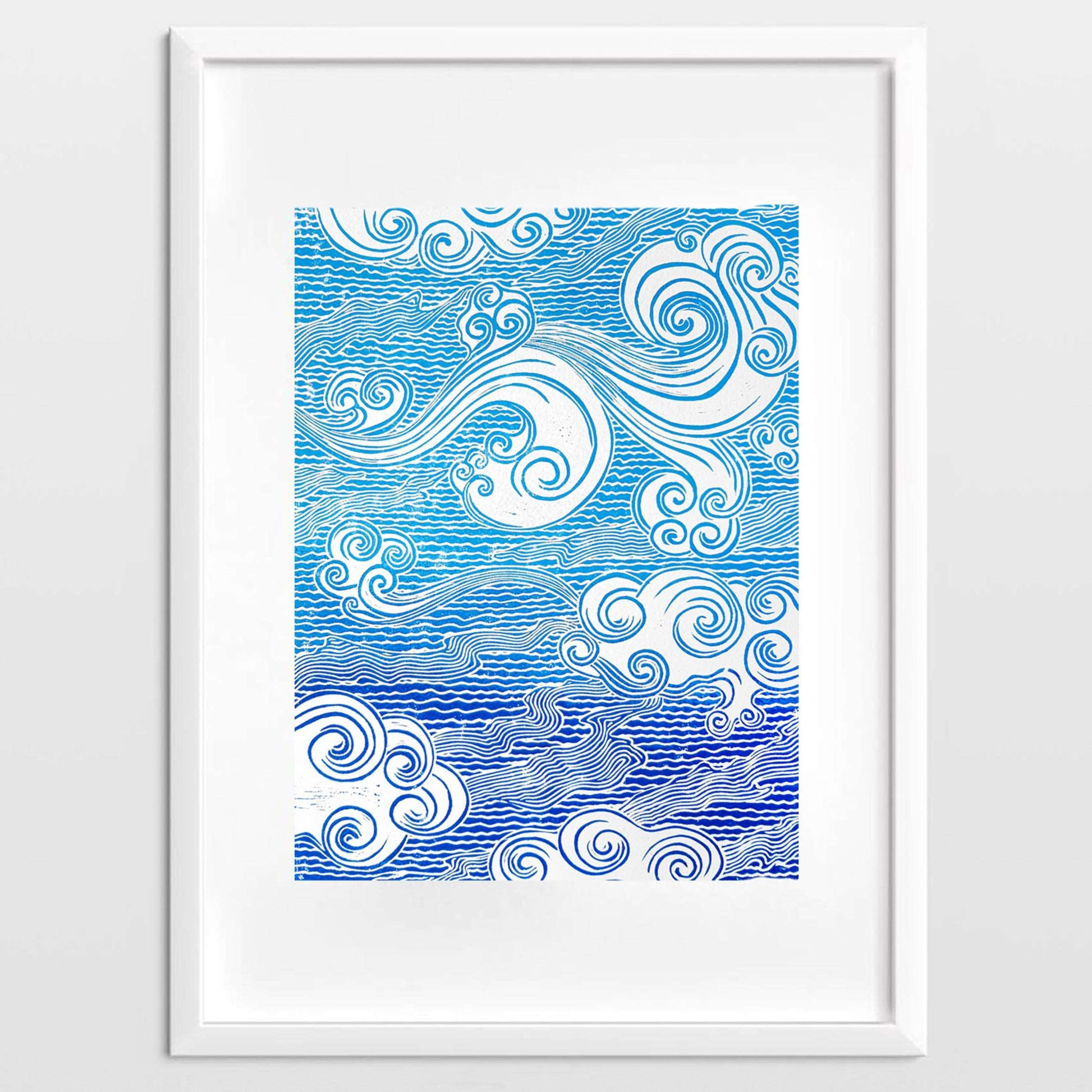 Blue japanese clouds Linocut print for Nature lover gift UNFRAMED