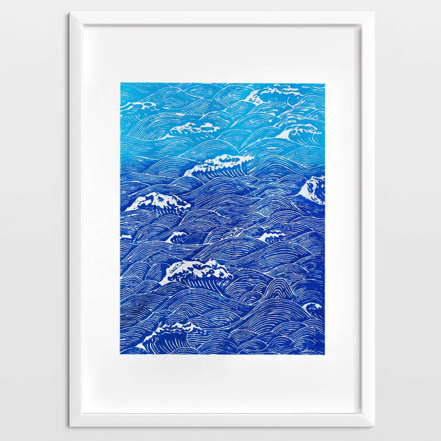 Blue waves Linocut print for Nature lover gift UNFRAMED Housewarming gift New home gift Kitchen wall decor Living room bedroom decor 16x12 Original artwork Nautical wall decor