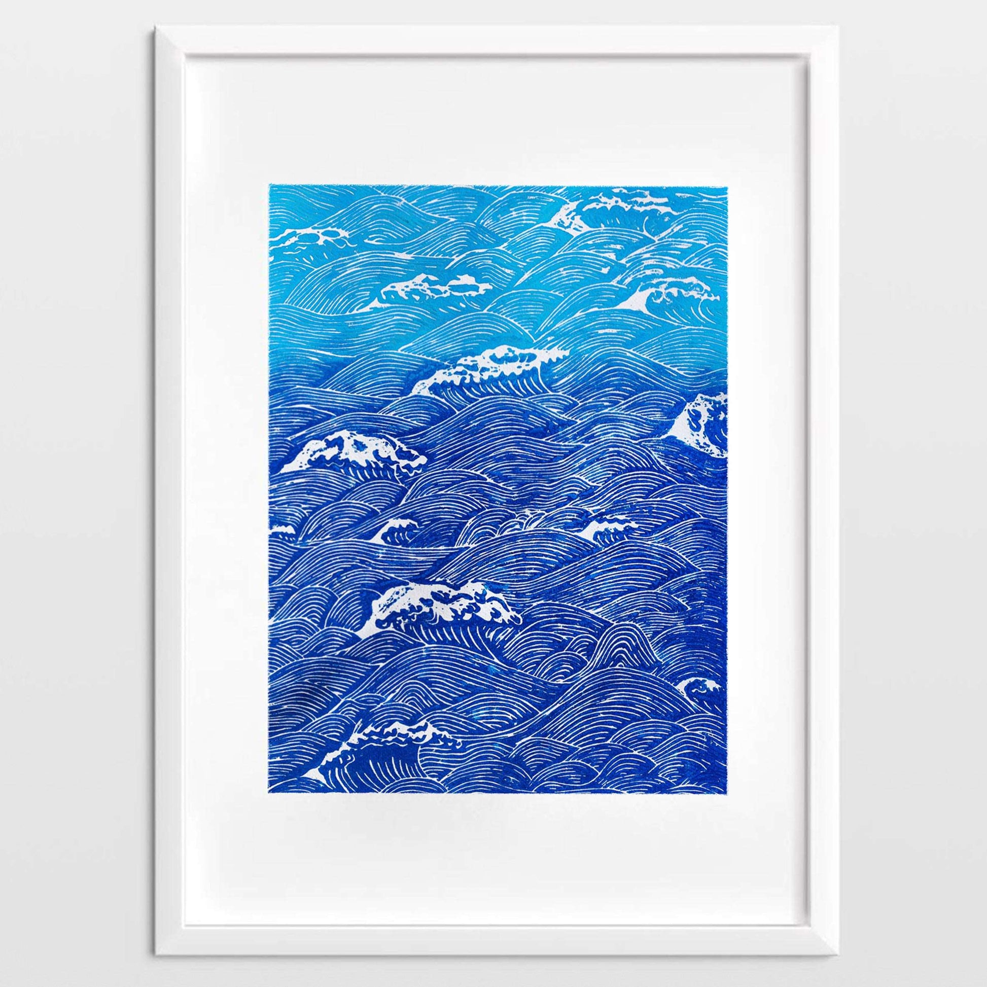 Blue waves Linocut print for Nature lover gift UNFRAMED Housewarming gift New home gift Kitchen wall decor Living room bedroom decor 16x12 Original artwork Nautical wall decor