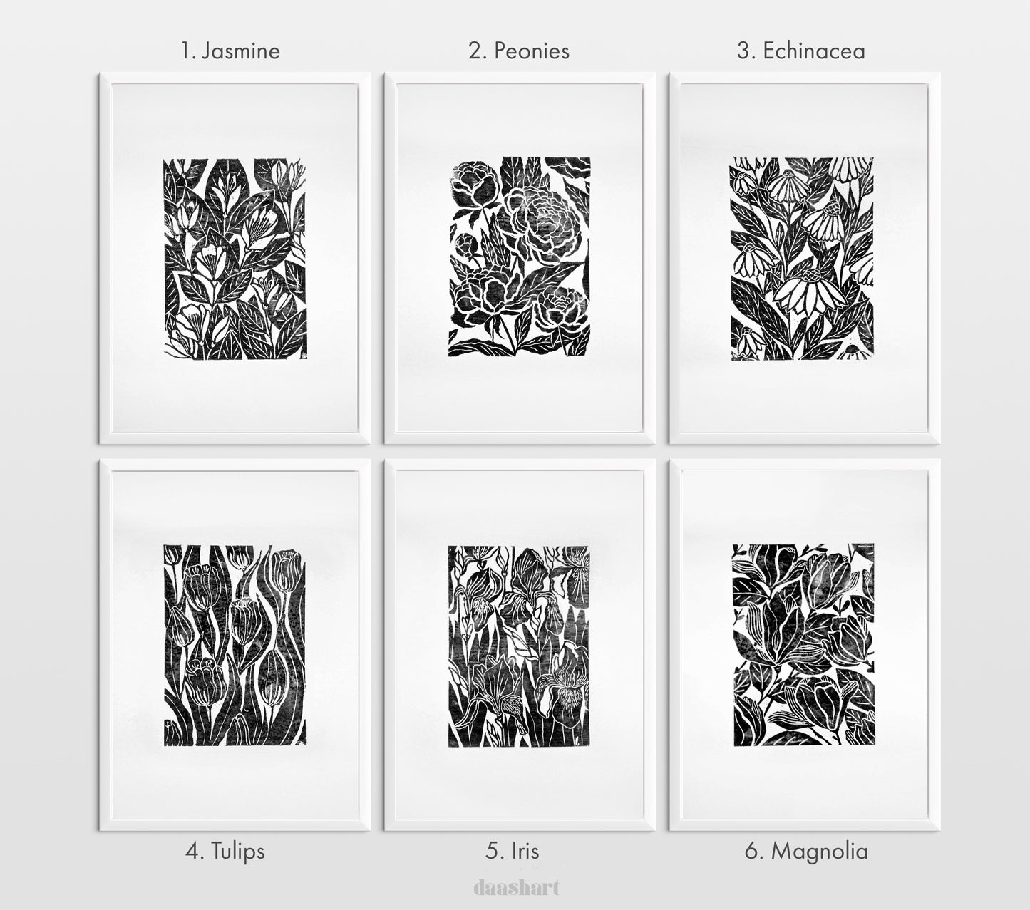 Black Gallery wall set of 6 art Botanical flowers - Jasmine peonies echinacea tulips iris magnolia illustration Linocut print for Nature lover gift UNFRAMED Housewarming gift Nature lover gift New home gift Kitchen wall decor Living room bedroom decor Original artwork
