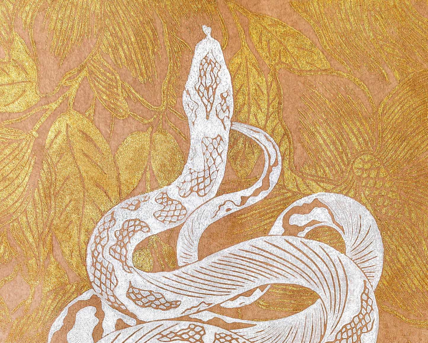 Printable linocut print White floral snake with gold magnolia flower Botanical autumn wall art poster Nature lover gift INSTANT DOWNLOAD, Living room wall art, Farmhouse decor, foraged wall decor, cottagecore wall art, autumn wall art, Boho snake poster