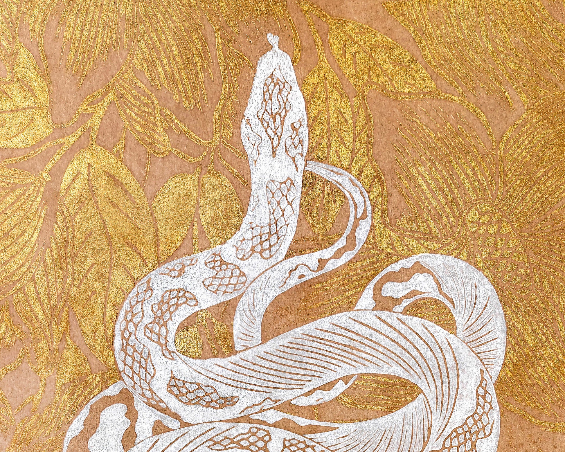 Printable linocut print White floral snake with gold magnolia flower Botanical autumn wall art poster Nature lover gift INSTANT DOWNLOAD,  Living room wall art, Farmhouse decor, foraged wall decor, cottagecore wall art, autumn wall art, Boho snake poster