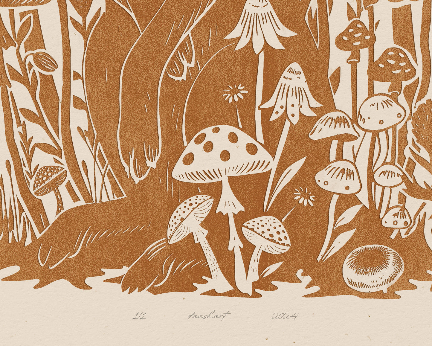 Living room wall art Nature lover gift Printable linocut Cottagecore decor Digital downloadable linogravure lino foraged poster art Relief texture Bedroom kids rooom prints Yellow ochre rabbit mushroom large plant wall art bunny new home