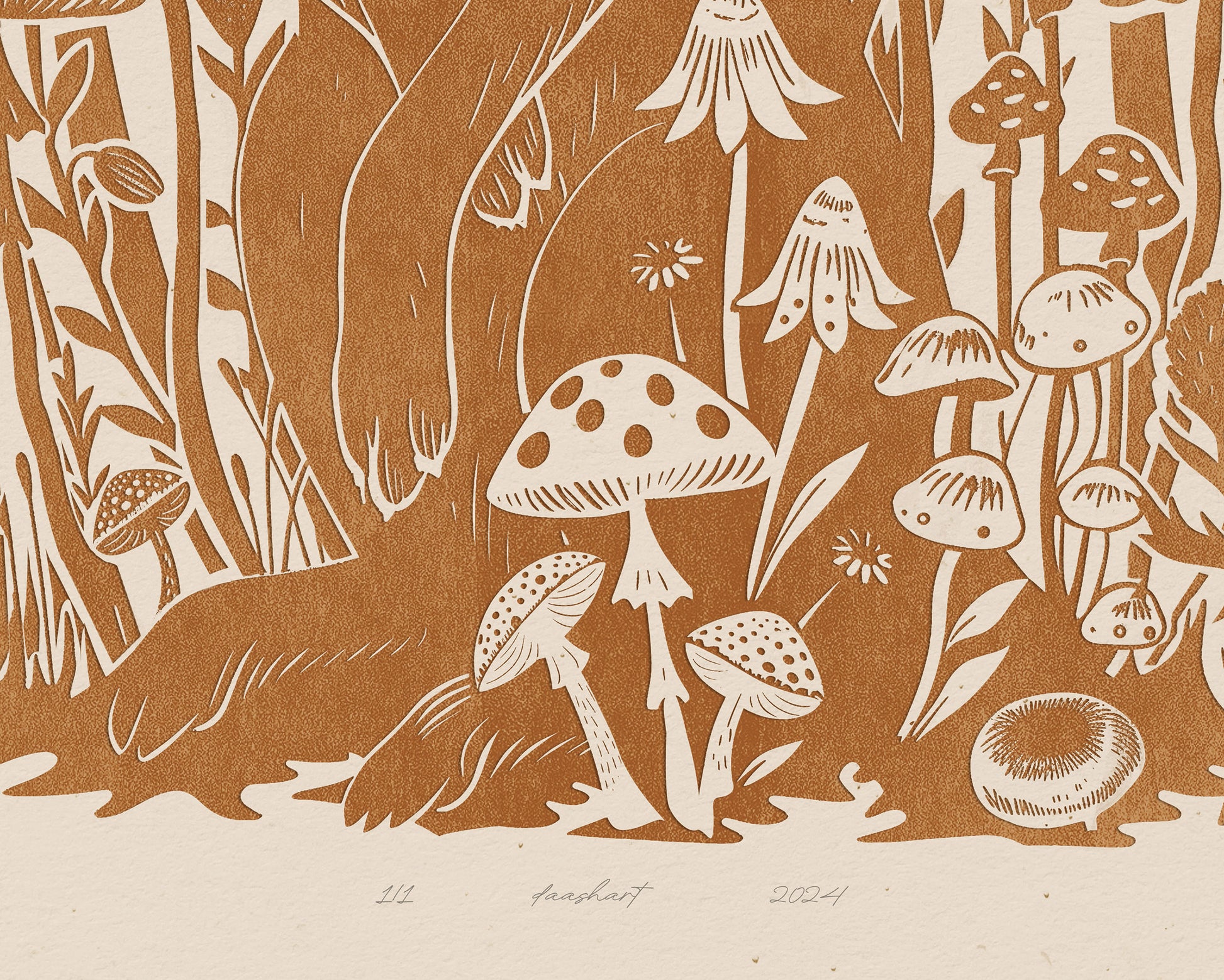 Living room wall art	Nature lover gift	Printable linocut	Cottagecore decor	Digital downloadable	linogravure lino	foraged poster	art Relief texture	Bedroom kids rooom	prints Yellow ochre	rabbit mushroom	large plant wall art	bunny new home