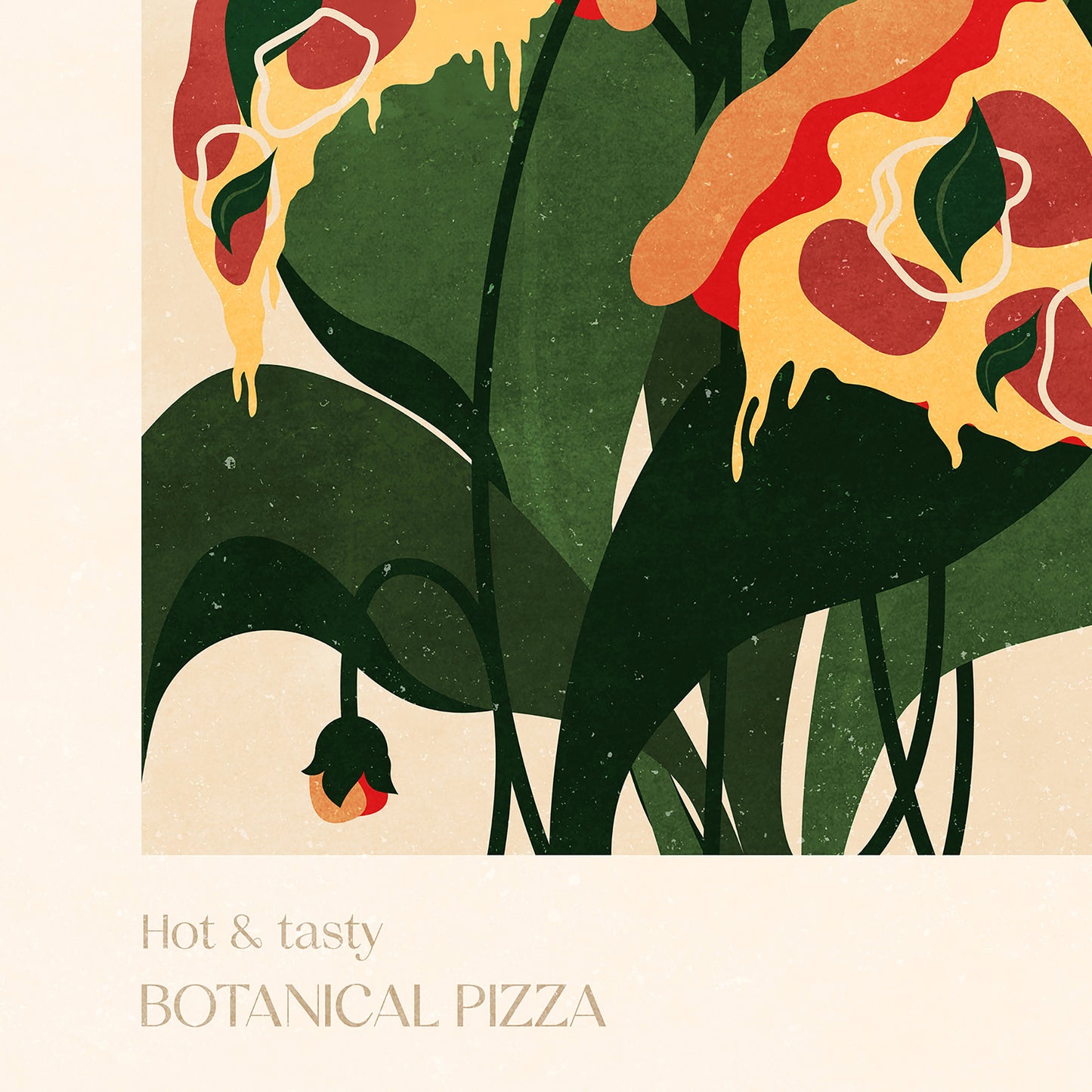 Botanical vintage pizza Fast food digital poster  hot tasty