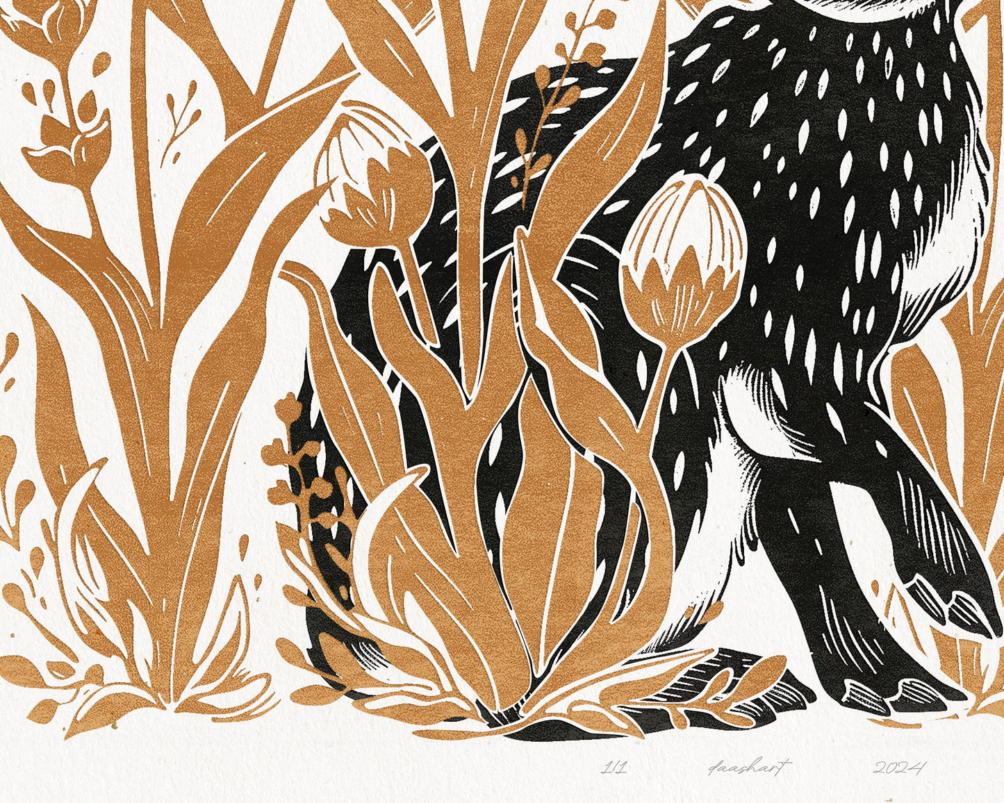 Printable linocut prints Bunny with wildflower and plant wall art Ochre black Relief texture Cottagecore decor Digital downloadable poster Hare rabbit Instant download Tulips floral flower Easter Bedroom Living room Kids Children Kitchen decor Foraged New home firs gift Housewarming wall art