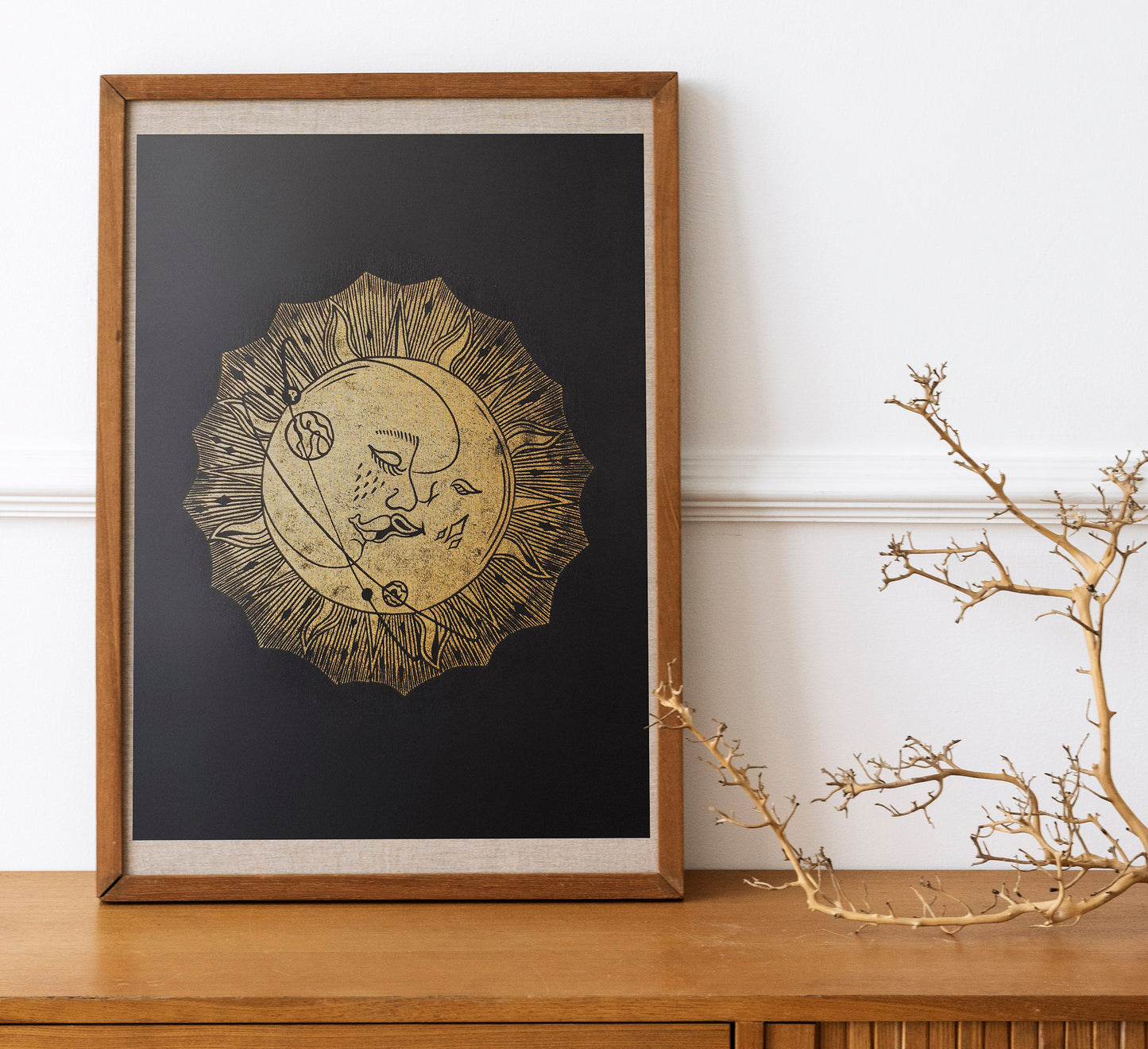 Linocut print original artwork Living room Kisses Printmaking simple Linogravure lino Boho gold moon sun kiss Printmaking relief wall art Bedroom valentines home decor block New first home gift girlfriend boyfriend wife bestfriend black and white