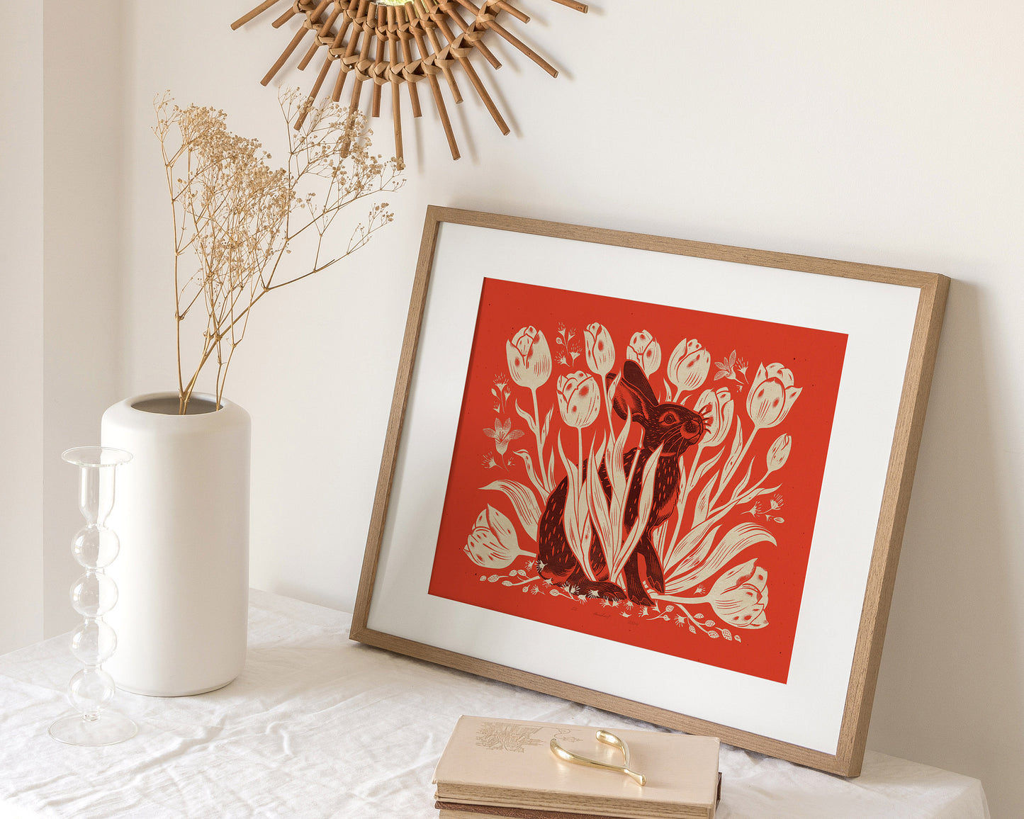 Living room wall art Nature lover gift Printable linocut Cottagecore decor Digital downloadable linogravure lino Bedroom kids rooom House warming gift prints Bunny tulips plant Red brown beige relief texture vintage farm kitchen hare foraged poster