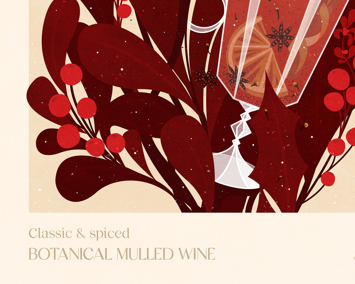 Botanical vintage mulled wine and Holly plant Holiday winter printable wall art for Modern kitchen art, bedroom dining room, hot drink poster, Christmas poster, digital illustration, festive wall decor