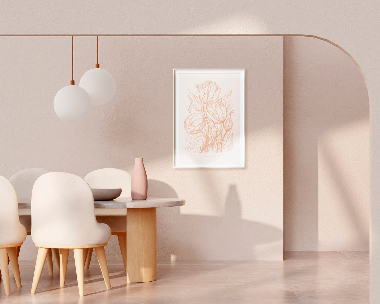 Spring peach fuzz wall art Hand drawn tulips flower sketch Line floral large botanical poster Printable neutral prints for Bedroom decor digital instant download Living room Home workspace large new first housewarming gift