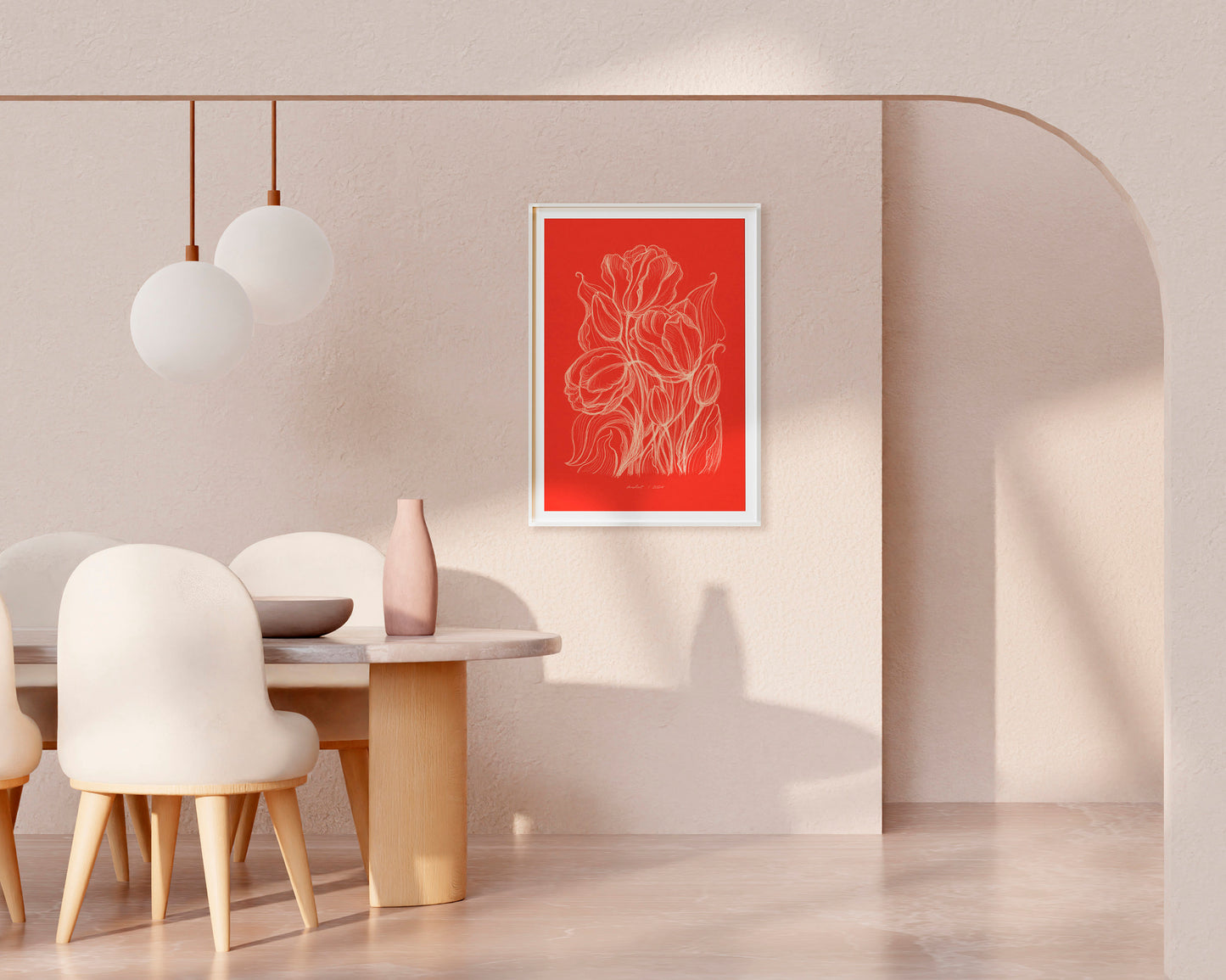 Spring trendy bright red wall art Hand drawn tulips flower sketch Line floral large botanical poster Printable neutral prints Bedroom kitchen living room dining roomdecor