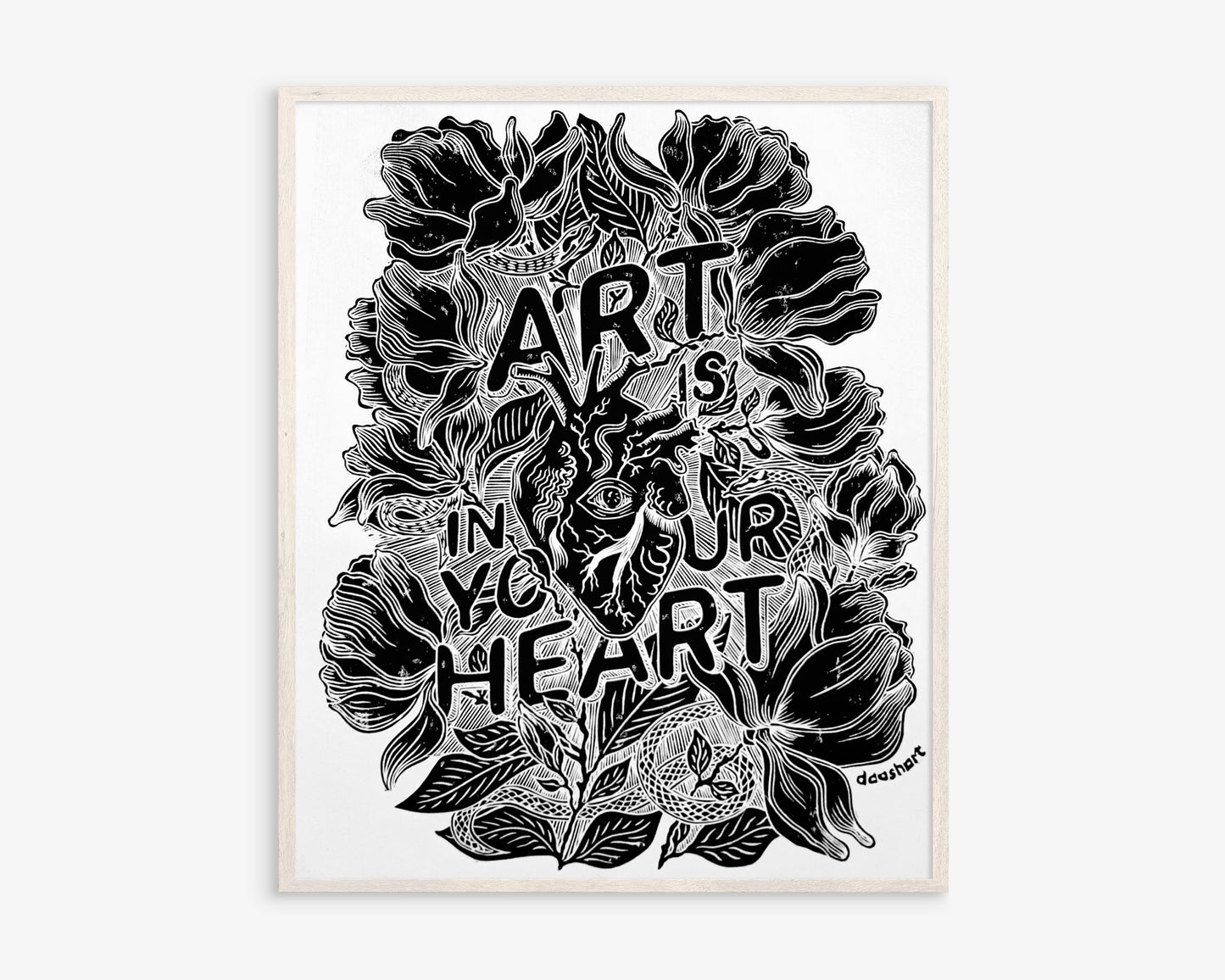 Art is in your heart with black magnolias flowers and snakes Linocut print for New home gift UNFRAMED, Lino print, Block print, Farmhouse decor, Linogravure, Illustration print, Original artwork, Floral wall art, Housewarming gift, Botanical artwork, printmaking handmade wall decoration for bedroom or living room large print