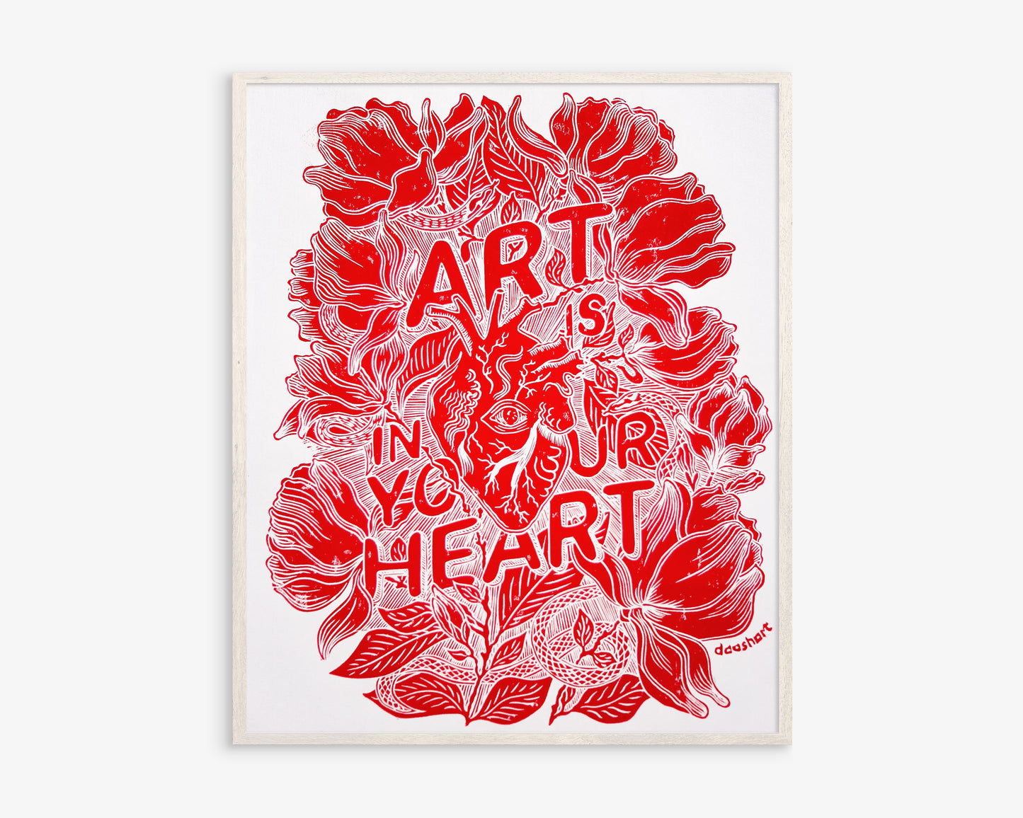 Art is in your heart with red magnolias flowers and snakes Linocut print for New home gift UNFRAMED, Lino print, Block print, Farmhouse decor, Linogravure, Illustration print, Original artwork, Floral wall art, Housewarming gift, Botanical artwork, printmaking handmade wall decoration for bedroom or living room large print