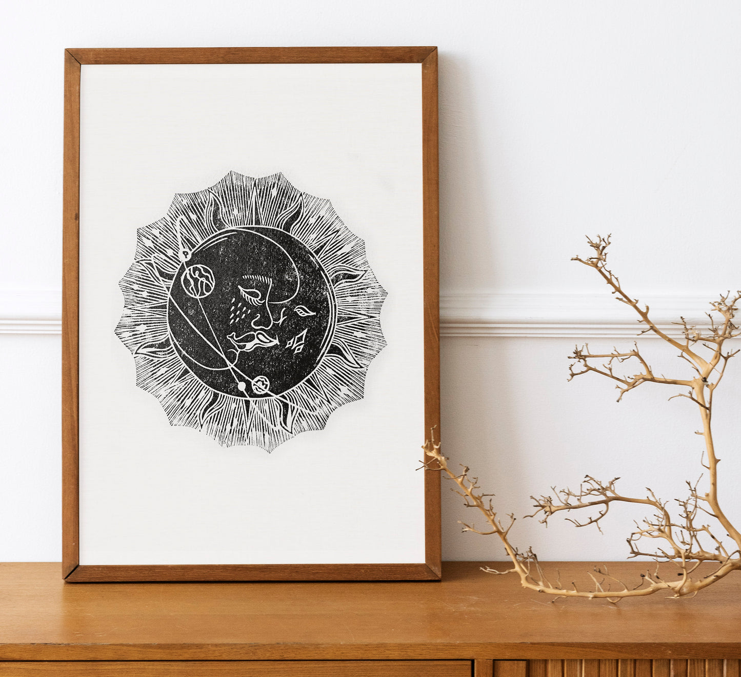 Linocut print original artwork Living room Kisses Printmaking simple Linogravure lino Boho gold moon sun kiss Printmaking relief wall art Bedroom valentines home decor block New first home gift girlfriend boyfriend wife bestfriend black and white