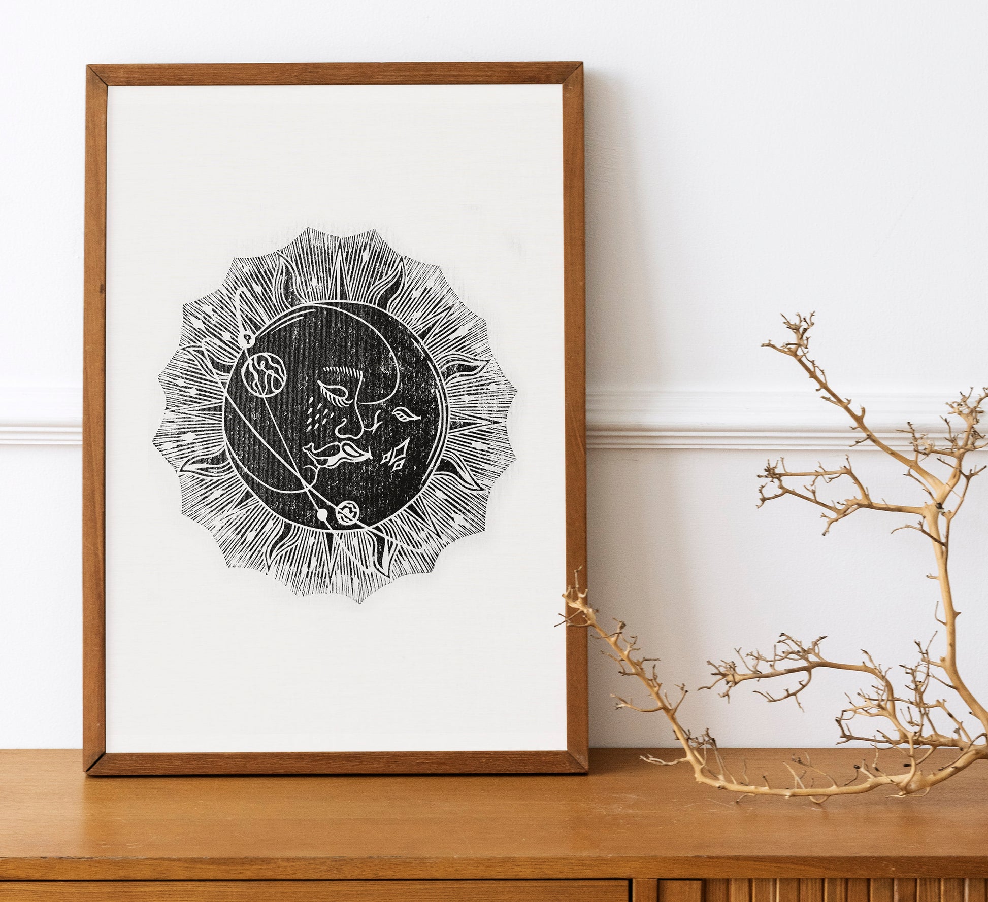 Linocut print original artwork Living room Kisses Printmaking simple Linogravure lino Boho gold moon sun kiss Printmaking relief wall art Bedroom valentines home decor block New first home gift girlfriend boyfriend wife bestfriend black and white