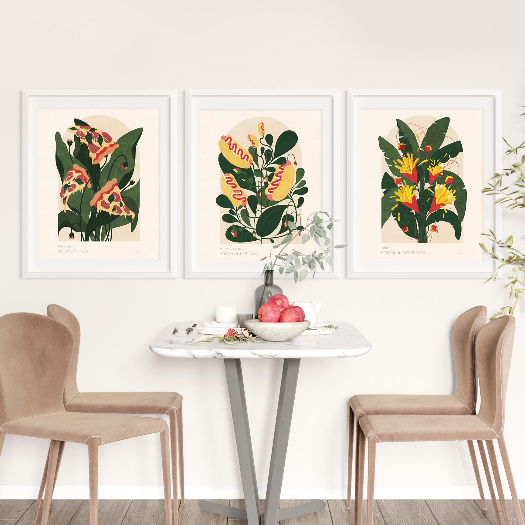 Gallery wall set of 3 Botanical pizza French fries and hot dog fast food poster for Modern kitchen