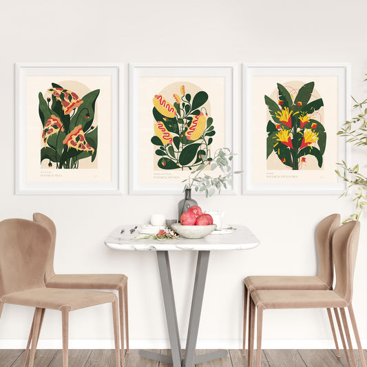 Gallery wall set of 3 Botanical pizza French fries and hot dog fast food poster for Modern kitchen
