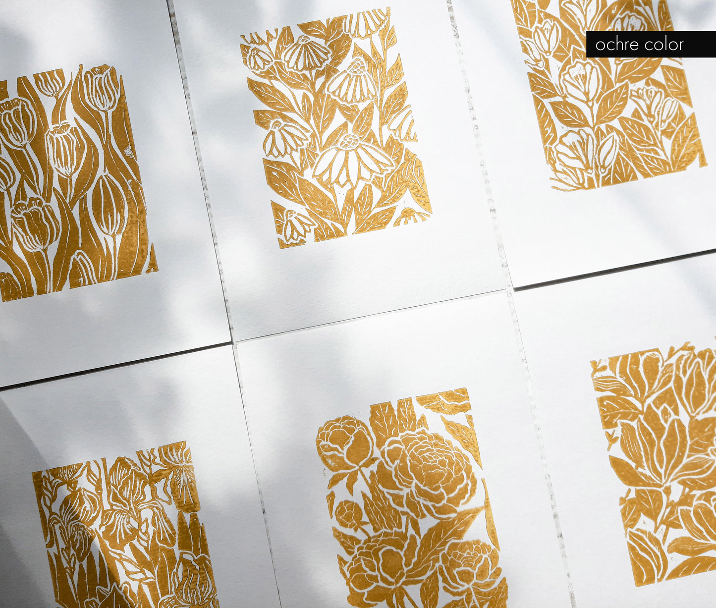Ochre Gallery wall set of 6 art Botanical flowers - Jasmine peonies echinacea tulips iris magnolia illustration Linocut print for Nature lover gift UNFRAMED Housewarming gift Nature lover gift New home gift Kitchen wall decor Living room bedroom decor Original artwork