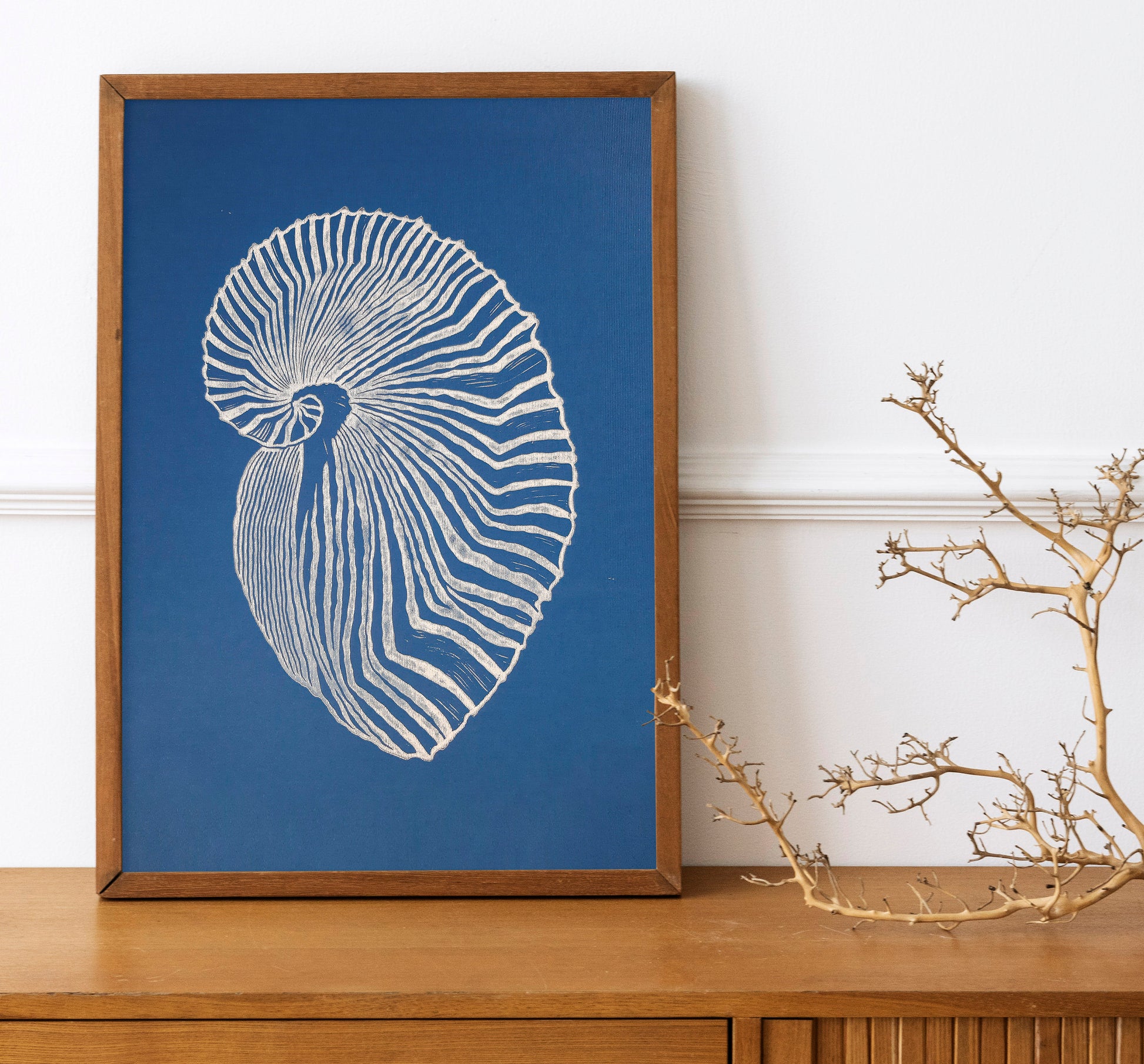 Blue and white sea shell art Linocut print art for Bedroom or bathroom wall decor UNFRAMED / living room wall adecor for New home gift, houswarming gift, nature lover gift, Nautical wall decor, Simple artwork, Hampton style decor, Coastal wall art