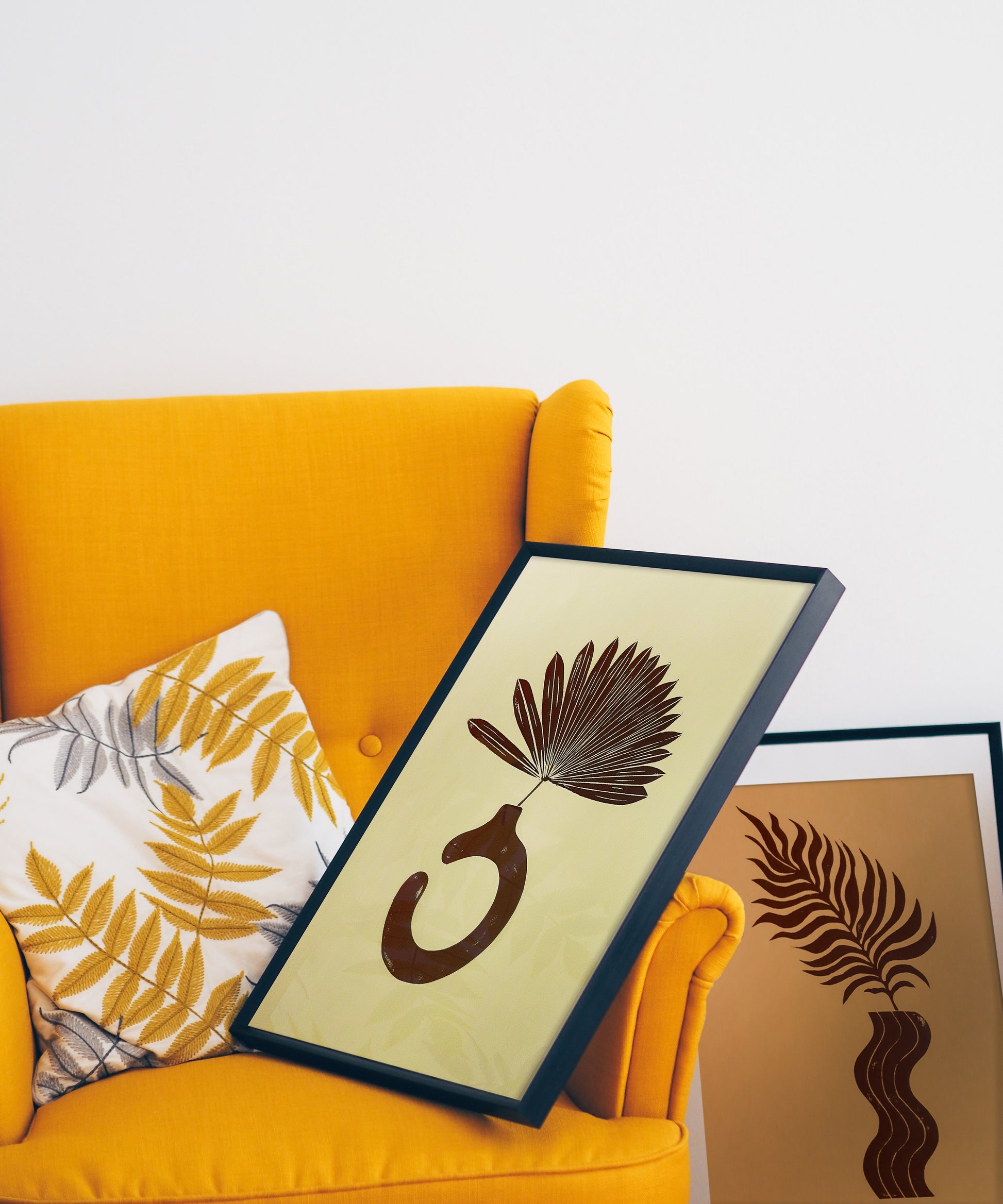 Yellow and brown Boho vase and plant art Linocut print for New home gift UNFRAMED for living room or bedroom