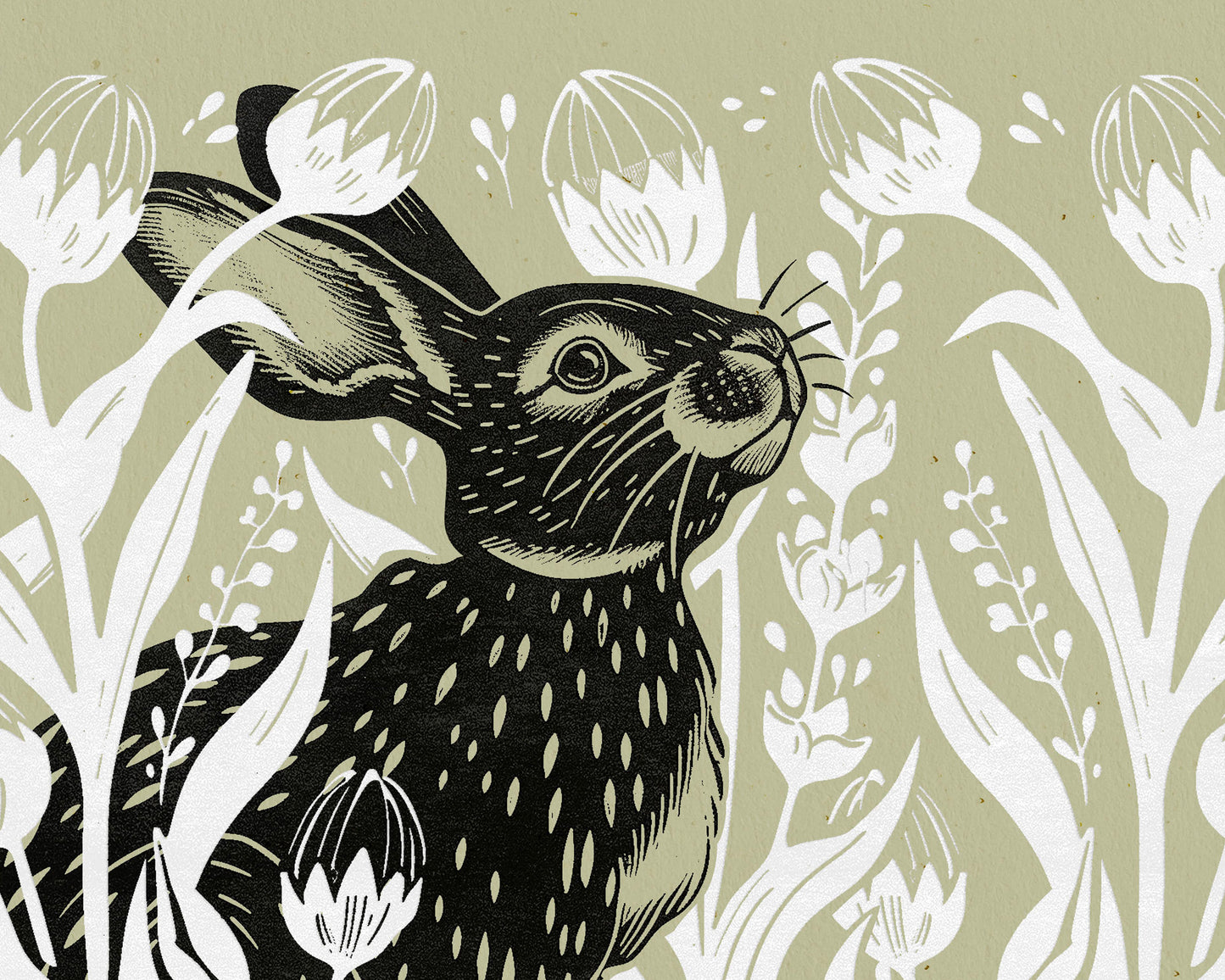 Living room wall art Nature lover gift Printable linocut Cottagecore decor Digital downloadable linogravure lino foraged poster Bedroom kids rooom prints Bunny plant House warming gift farm relief texture wildflower vintage Green rabbit hare