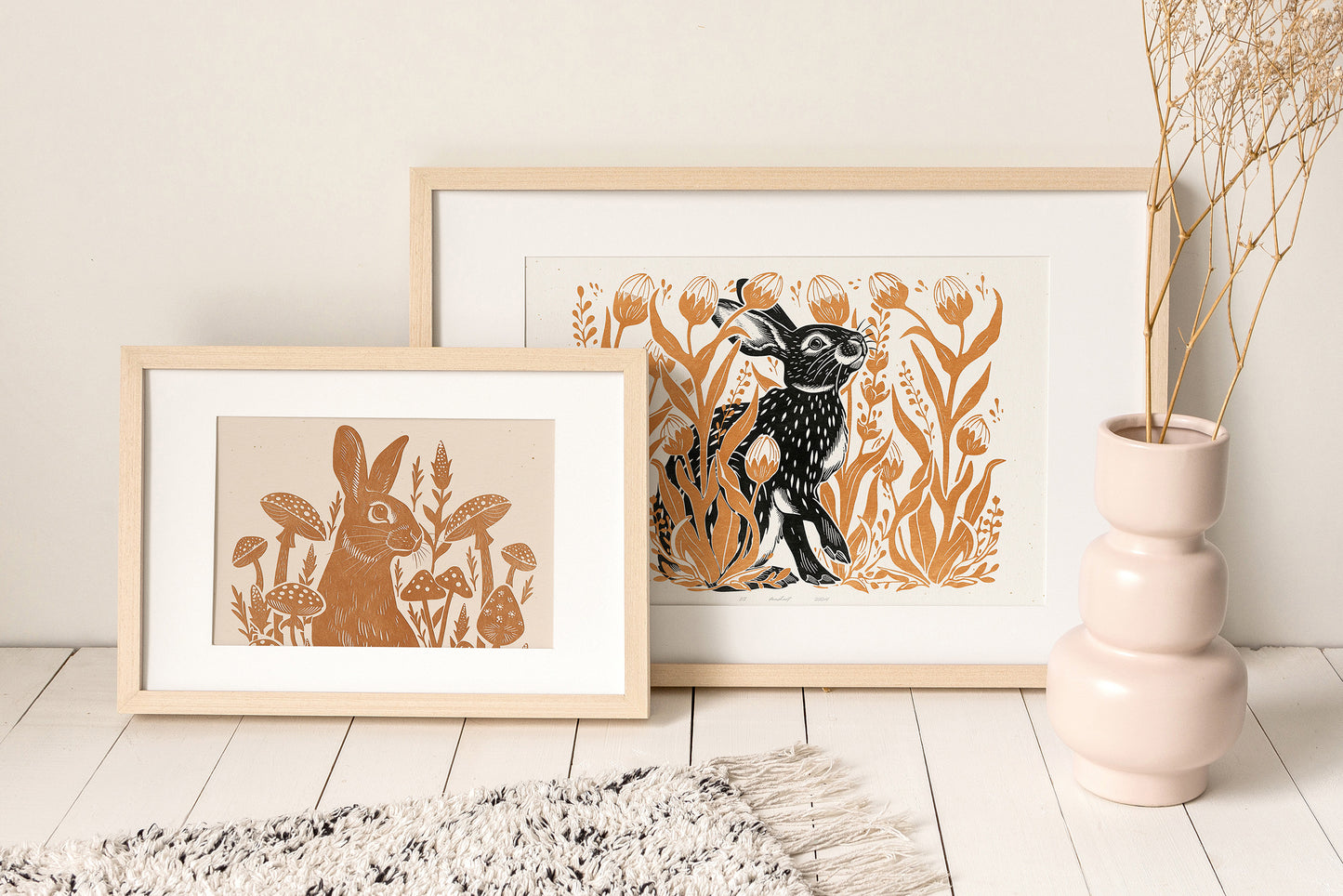Printable linocut prints Bunny with wildflower and plant wall art Ochre black Relief texture Cottagecore decor Digital downloadable poster Hare rabbit Instant download Tulips floral flower Easter Bedroom Living room Kids Children Kitchen decor Foraged New home firs gift Housewarming wall art