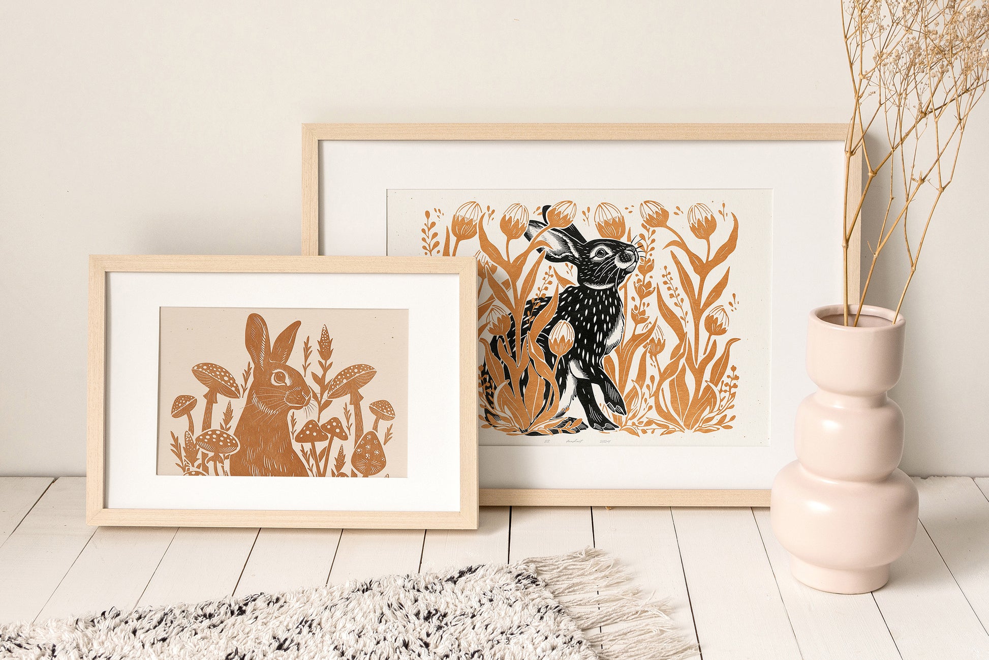 Printable linocut prints Bunny with wildflower and plant wall art Ochre black Relief texture Cottagecore decor Digital downloadable poster Hare rabbit Instant download Tulips floral flower Easter Bedroom Living room Kids Children Kitchen decor Foraged New home firs gift Housewarming wall art