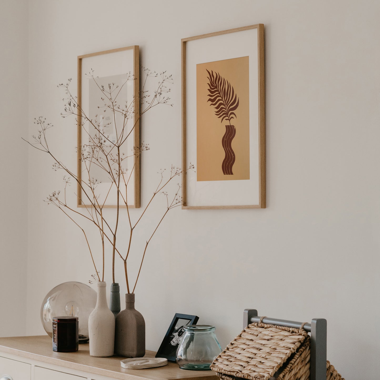 Boho brown wave vase and plant art Linocut print for New home gift UNFRAMED / lino print / linogravure / handmade art / classical art / living room, bedroom