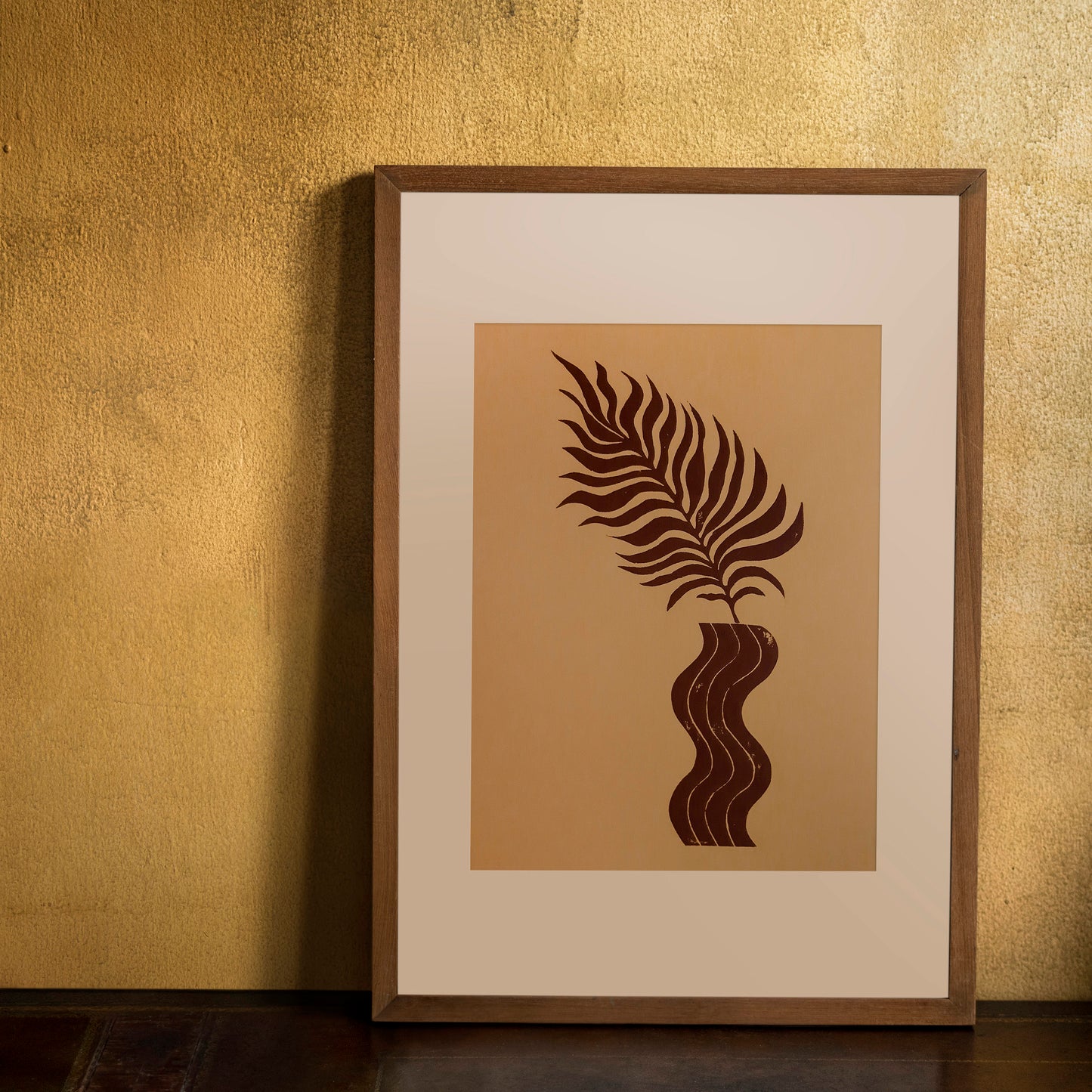 Boho brown wave vase and plant art Linocut print for New home gift UNFRAMED / lino print / linogravure / handmade art / classical art / living room, bedroom