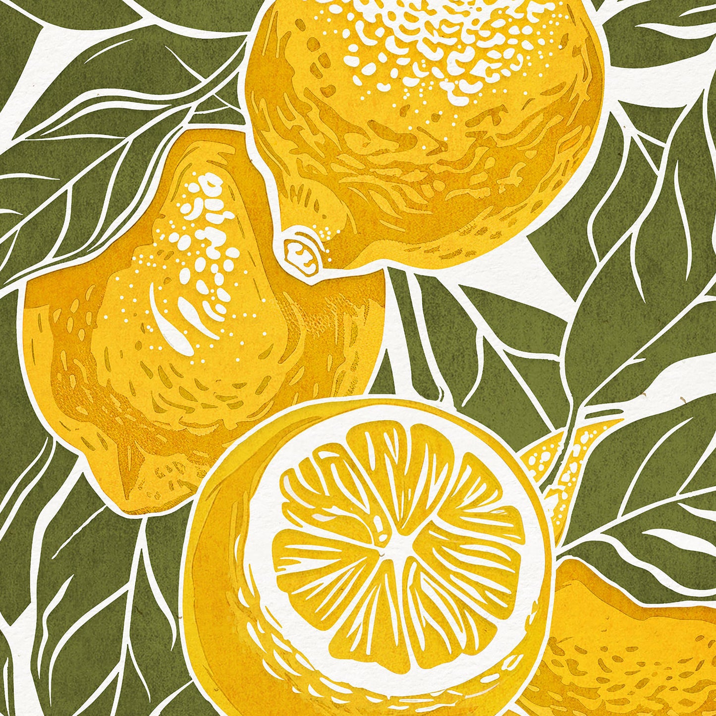 Sage green lemons fruits «Sagren Lemoflora» Printable linocut wall art poster