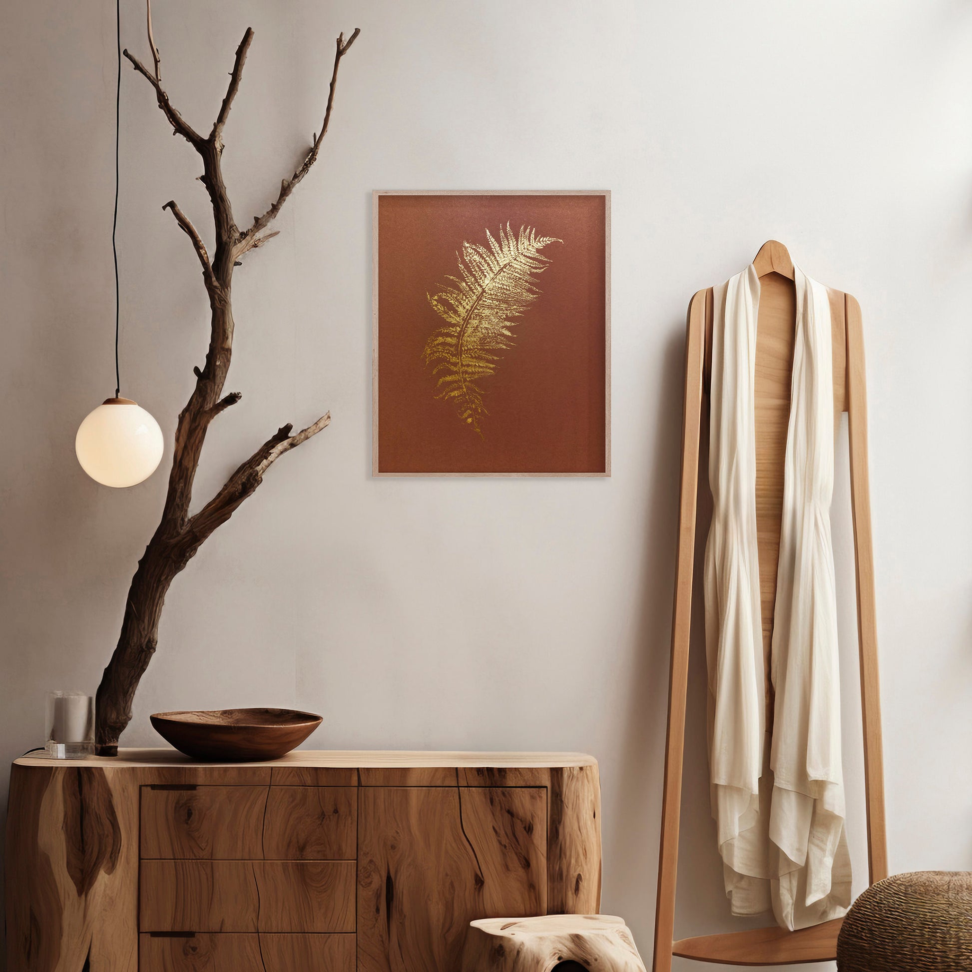 Monotype print Bedroom wall decor Living room wall art Nature lover gift Fern textured plant Original artwork Farm kitchen art Gold brown relief Foraged cottagecore printmaking nature First New home Leaf simple acrylic One of a kind large