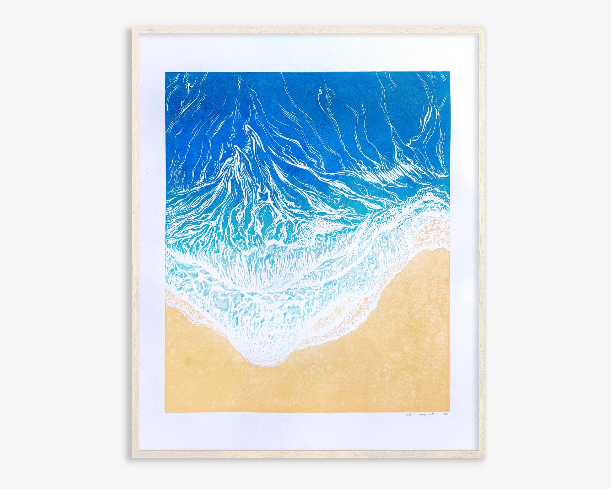 Original artwork	Lino linogravure	Large linocut print	Blue waves sand	relief Printmaking	Nautical bedroom	living room wall art	block ocean decor	First home gift	water linoleum art	Bathroom coastal	Modern beach new	Sea wall accessories