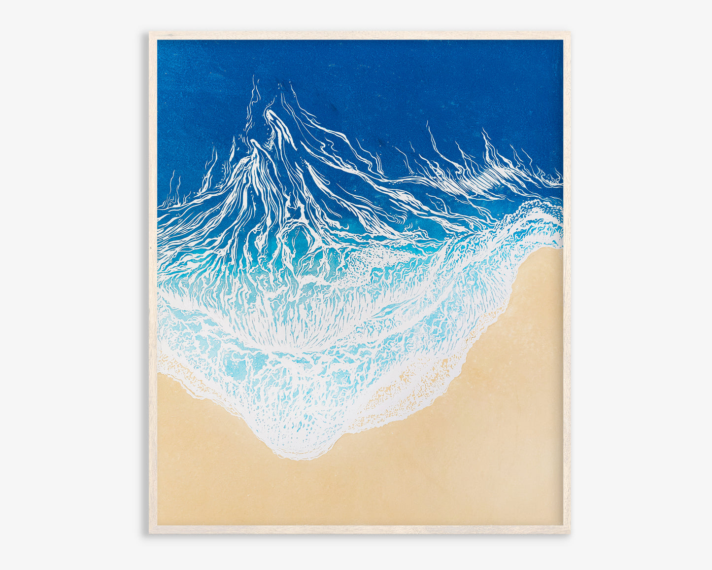 Large linocut print Blue waves on sand relief Printmaking Original artwork for Nautical bedroom living room wall art decor First home gift