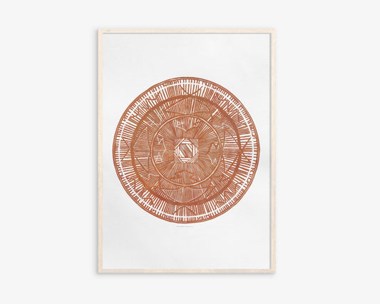 Large linocut print geometric bohemian eclectic circle African american wall art Original artwork for Living room Bedroom decor Terracotta handmade lino print Linogravure Printmaking relief block print Housewarming gift Mother day gift New home gift