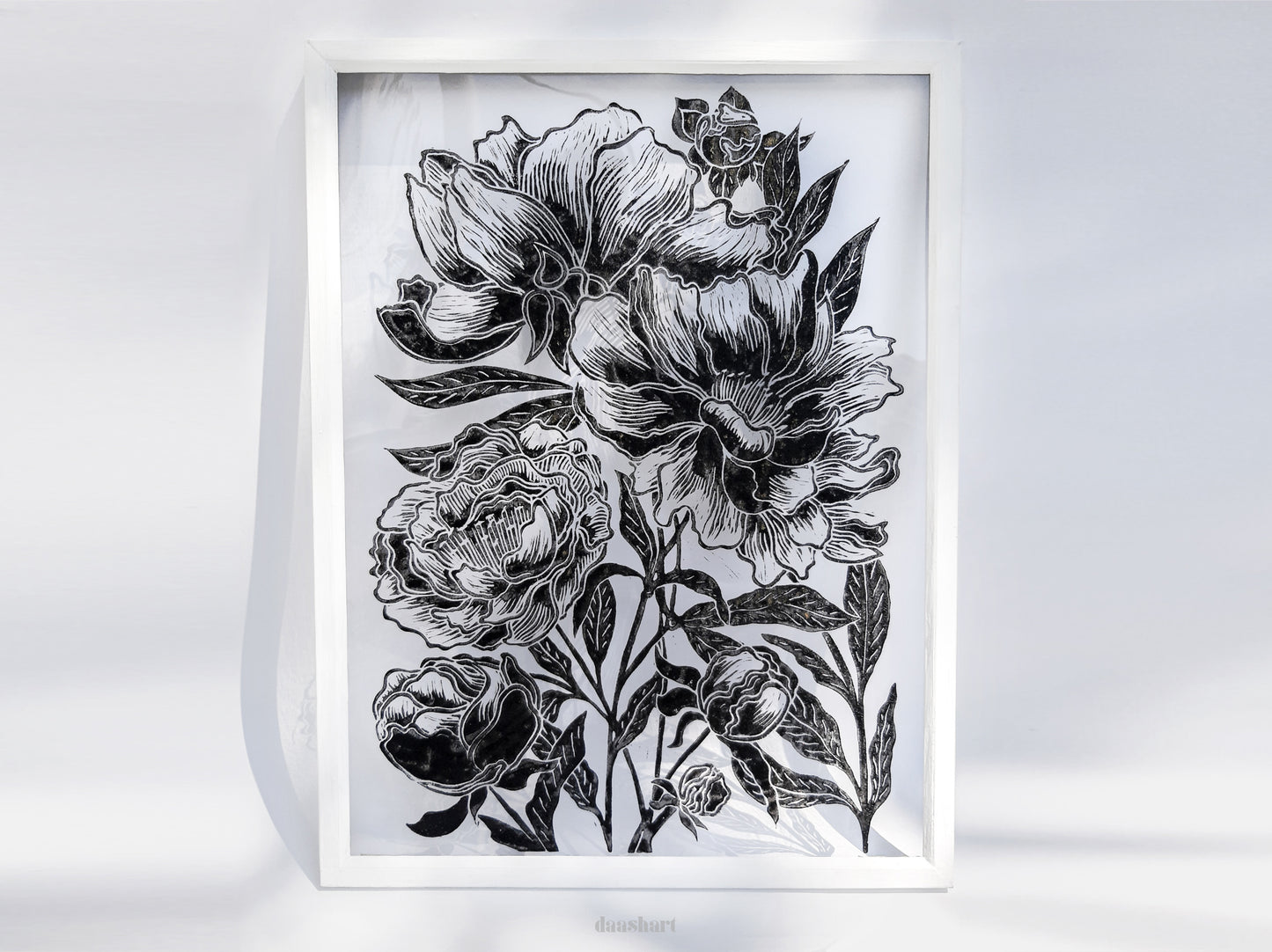 Black peony flowers wall art Plexiglass linocut print Botanical relief original artwork Printmaking for Bedroom decor Housewarming gift Living room Farm kitchen Foraged cottagecore farmhouse wall art decor relief printmaking block