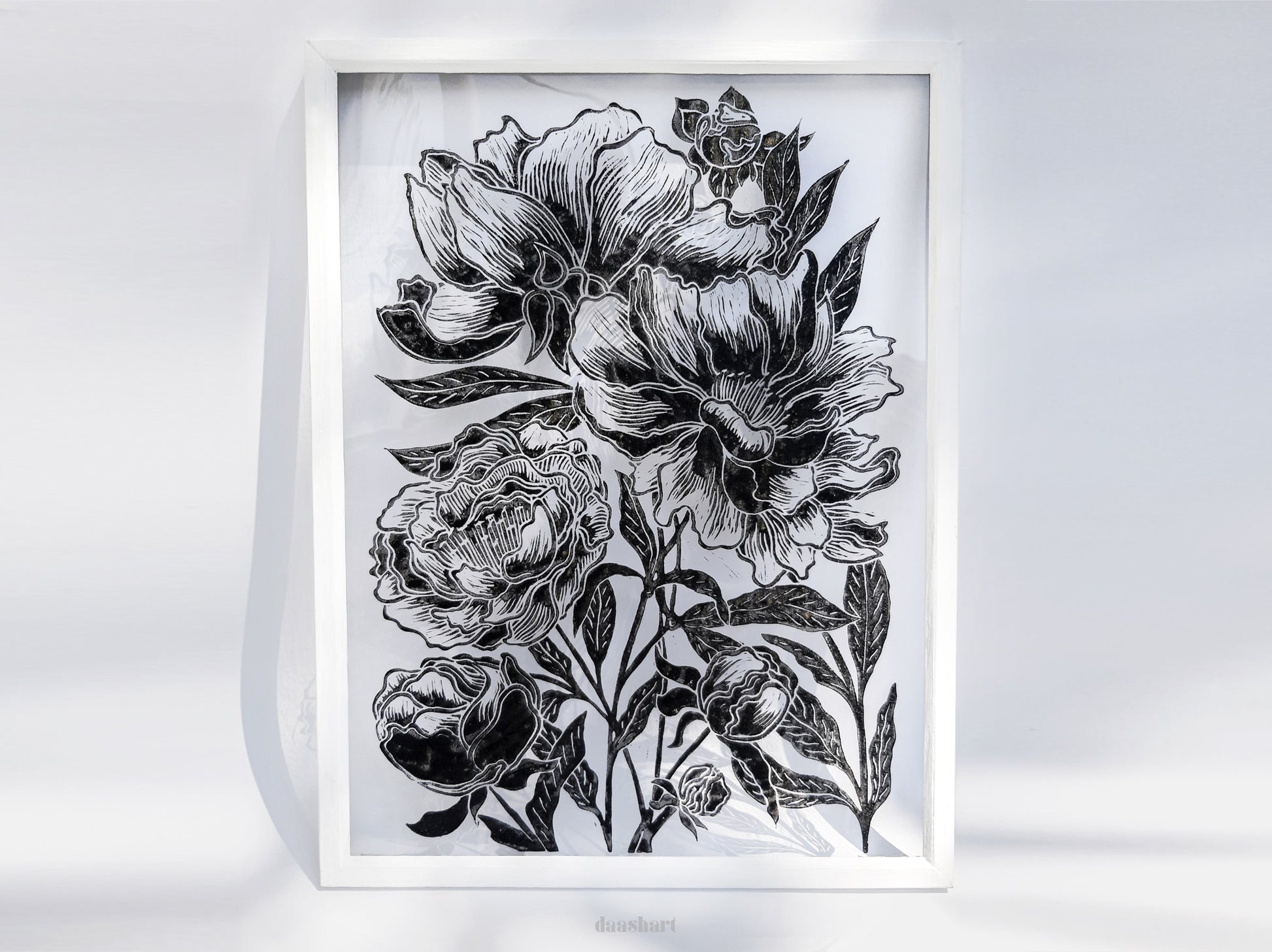 Black peony flowers wall art Plexiglass linocut print Botanical relief original artwork Printmaking for Bedroom decor Housewarming gift Living room Farm kitchen Foraged cottagecore farmhouse wall art decor relief printmaking block